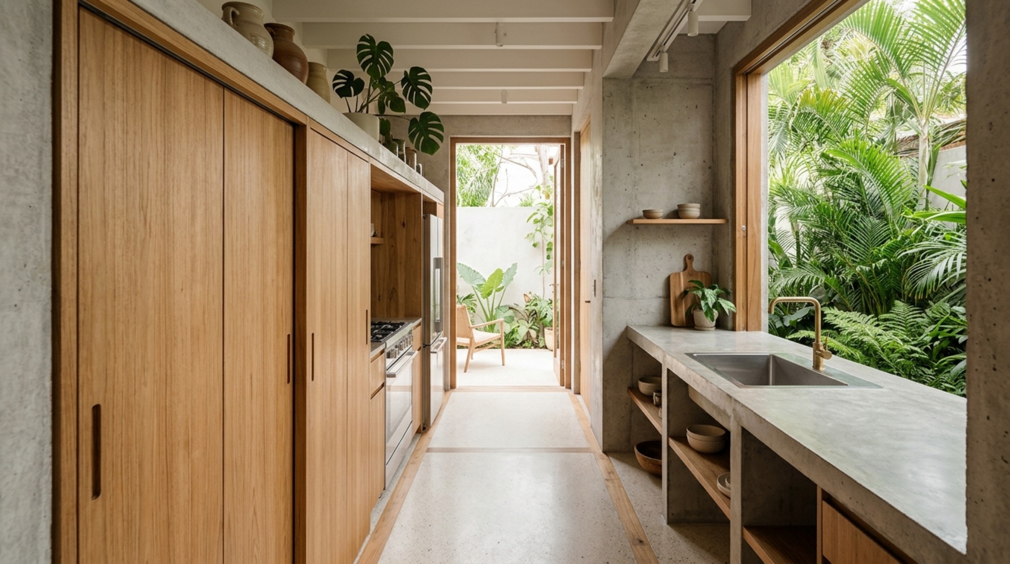 small space modern tropical architecture kitchen with pocket doors that conceal appliances and a slim 38-inch prep walkway small space modern tropical architecture kitchen with pocket doors that conceal appliances and a slim 38-inch prep walkway