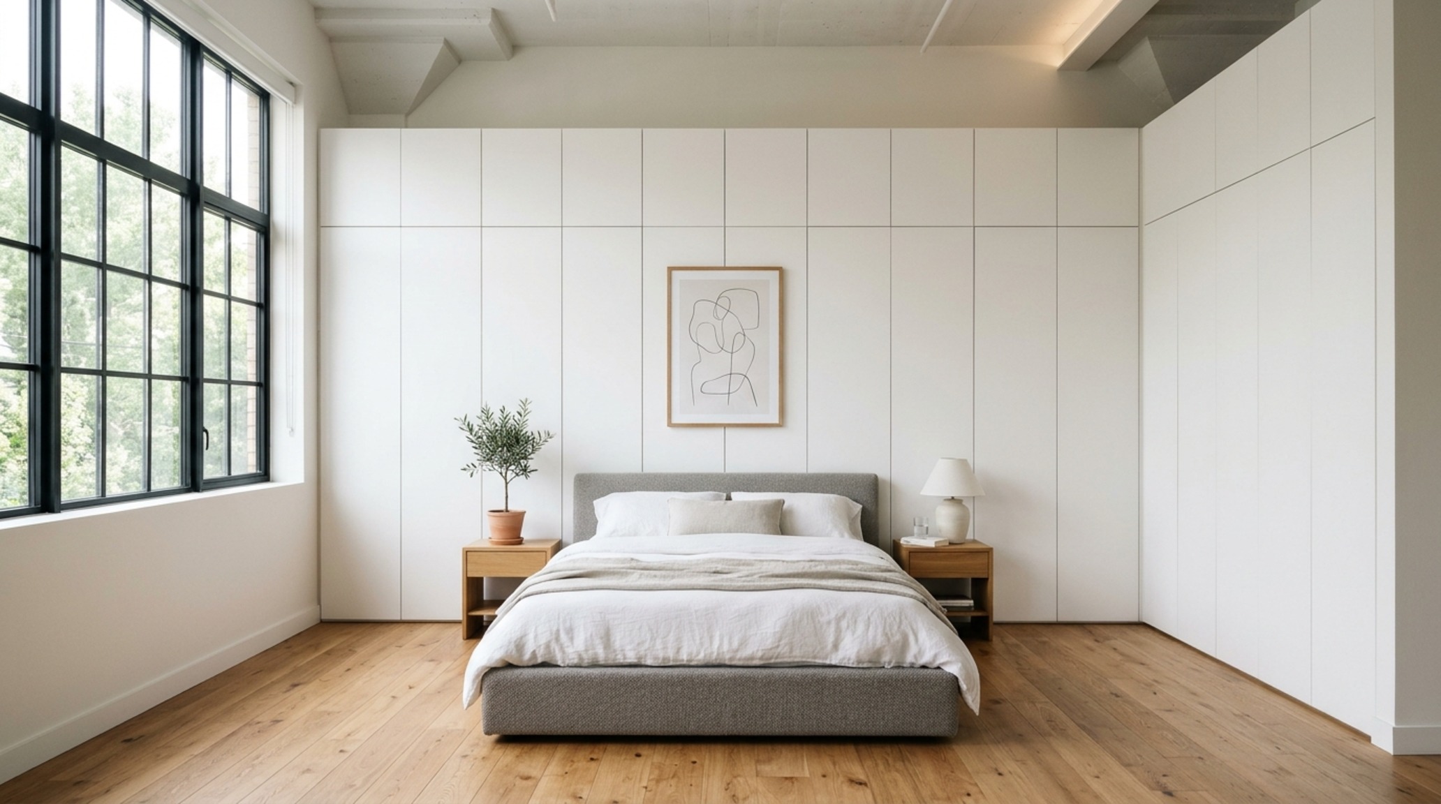 modern loft bedroom design ideas depicting a seamless wall of hidden touch-latch cabinetry in a soft matte finish