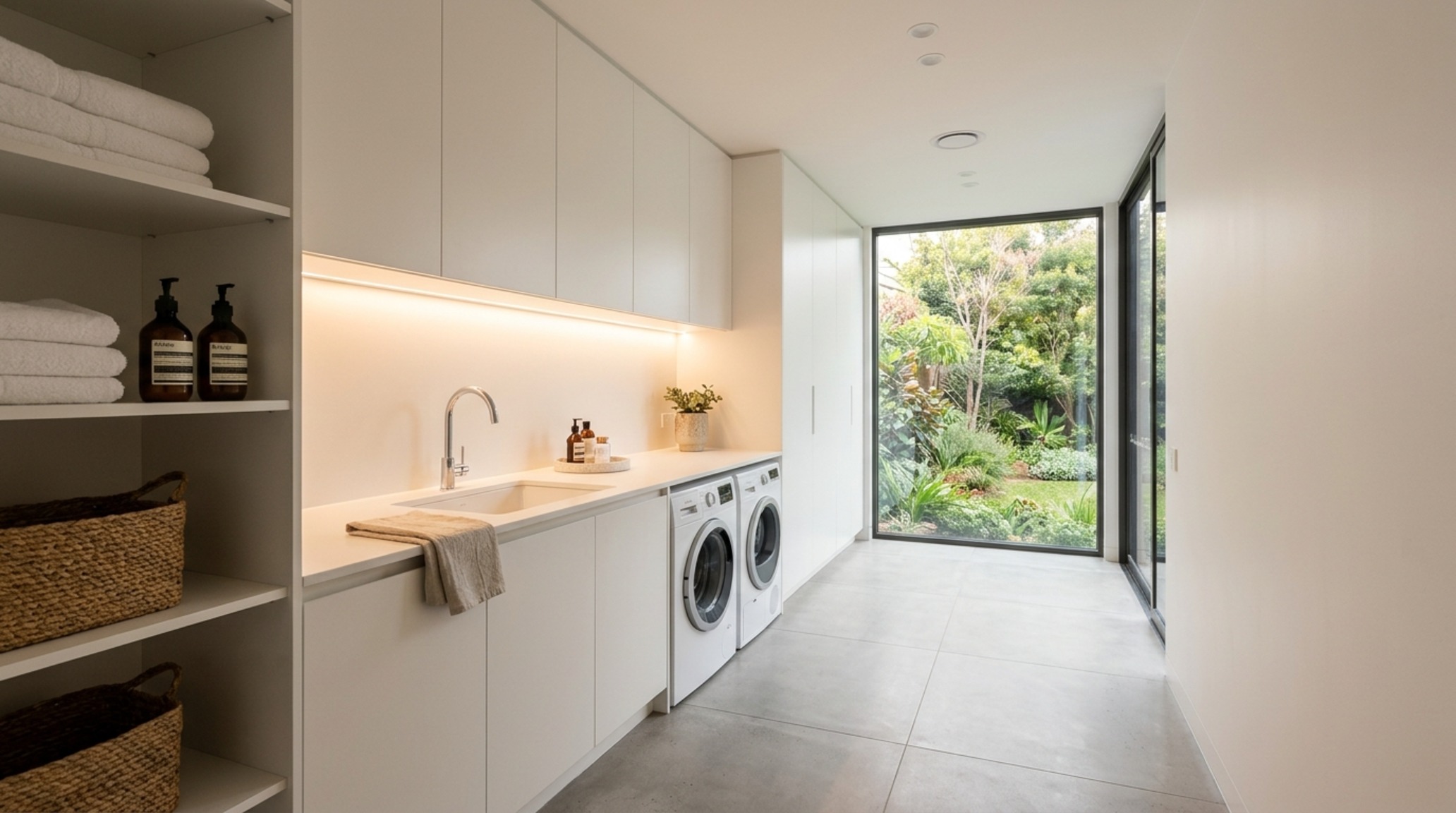 modern laundry room layout ideas ideas showing a sleek walk-through layout with seamless floor-to-ceiling storage and integrated smart tech. modern laundry room layout ideas ideas showing a sleek walk-through layout with seamless floor-to-ceiling storage and integrated smart tech.