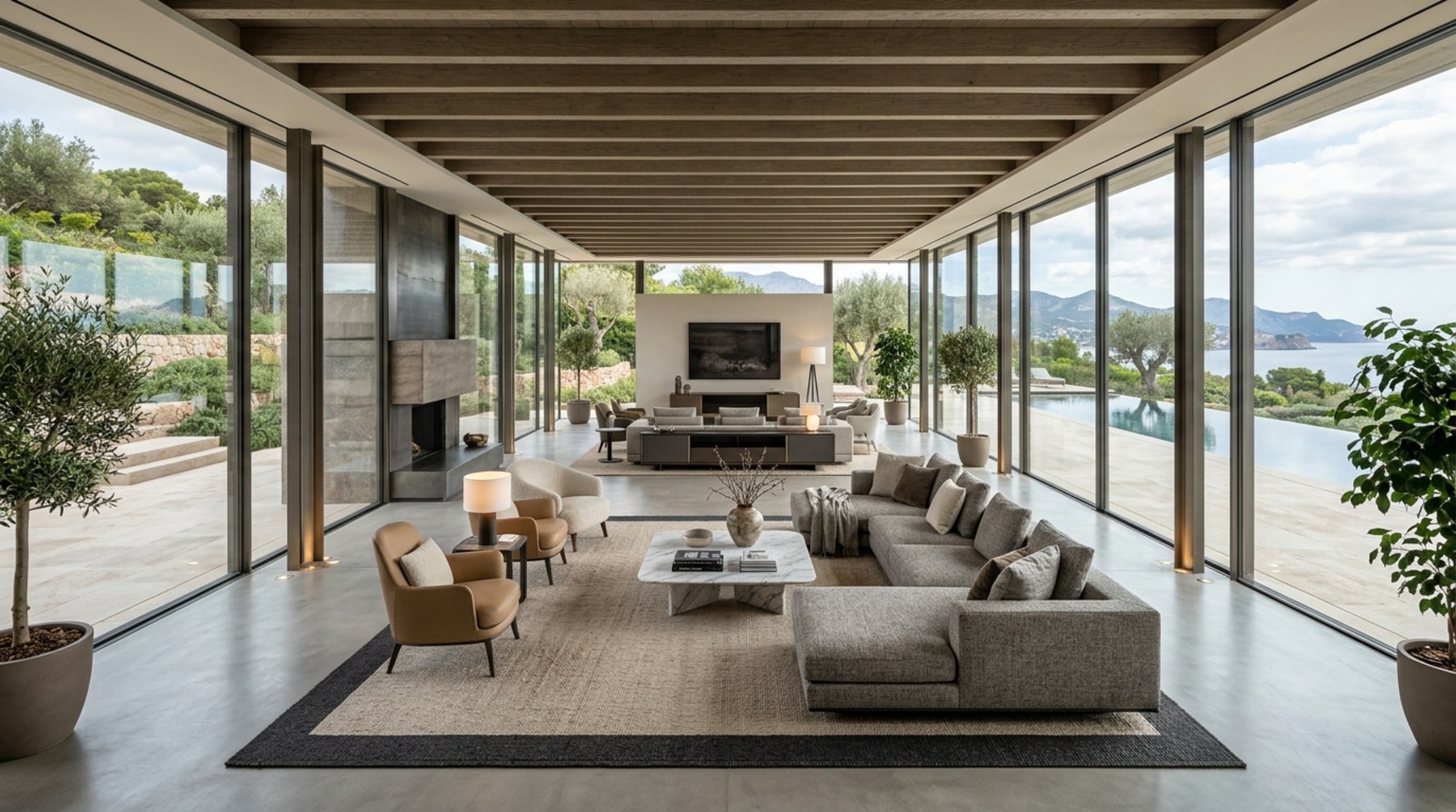 modern luxury living room furniture sets ideas for an open-concept loft with floating furniture zones defined by area rugs
