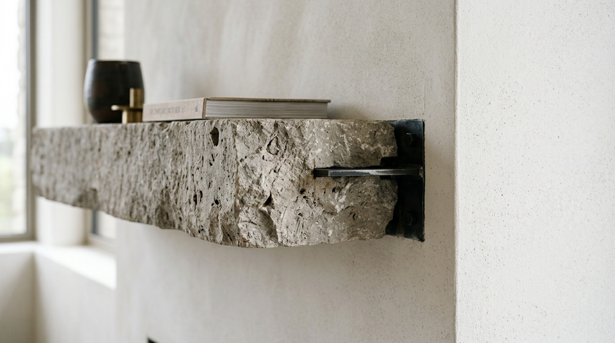 luxury unusual shelf brackets textures highlighting the intersection of fluted oak shelving and heavy-duty brushed nickel cantilevered supports