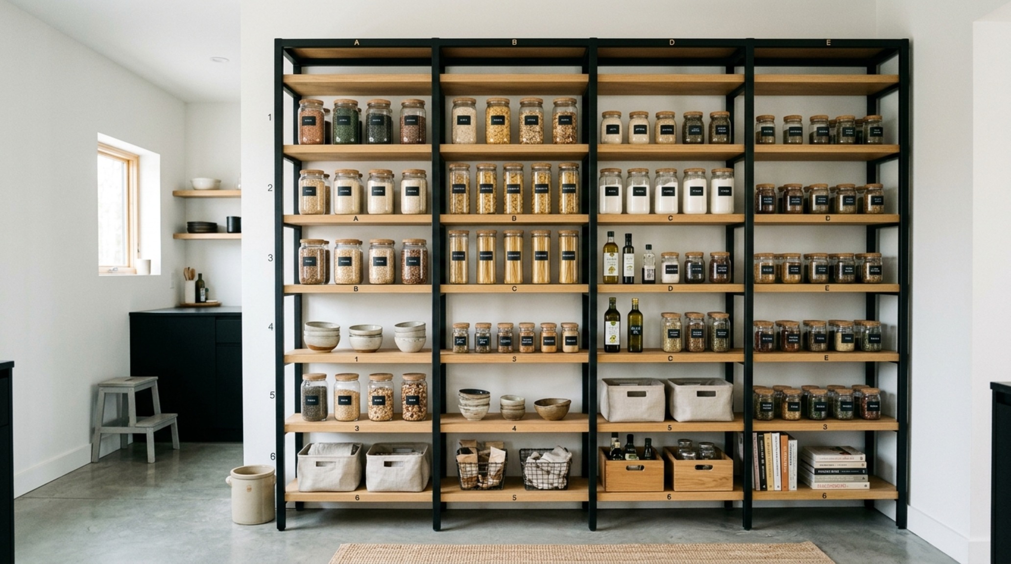 modern 30 shelves ideas in a monochromatic kitchen pantry using matte black metal frames and natural oak inserts for a clean industrial look.