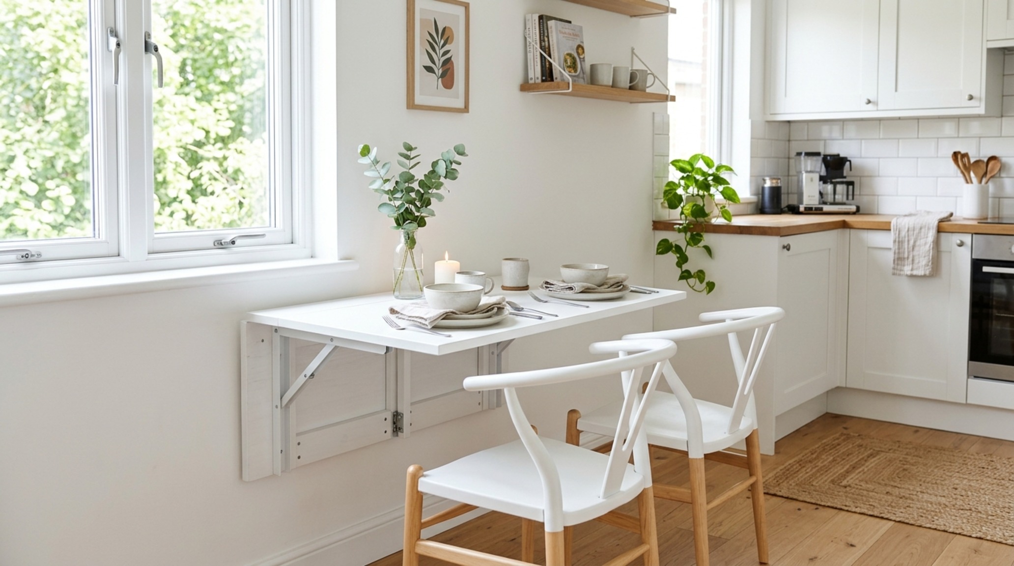 small space best dining sets with a sleek wall-mounted folding table in a minimalist kitchen with high-gloss cabinetry