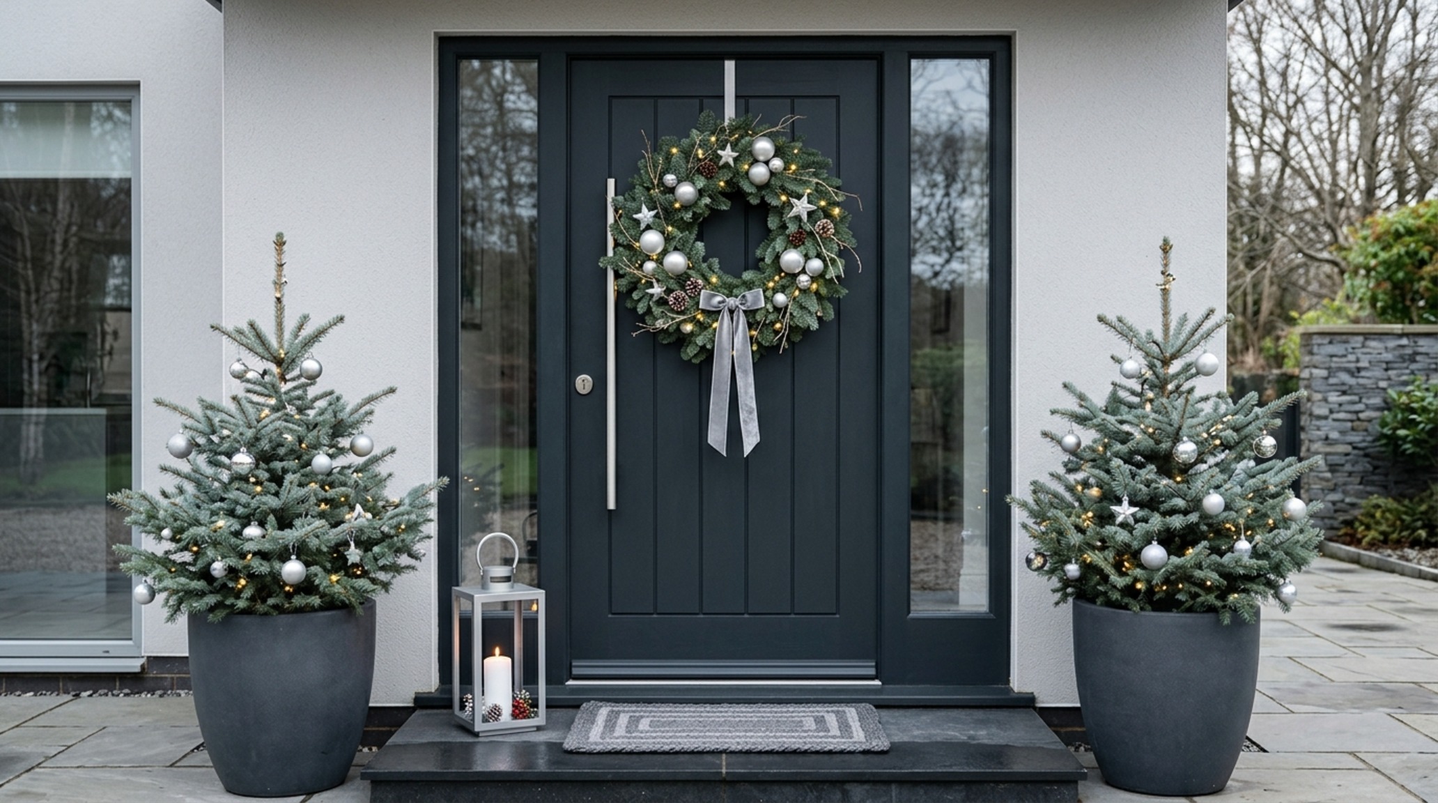 modern front door christmas decorating ideas ideas using a monochromatic color palette of Farrow & Ball Railings and silvery Noble Fir.