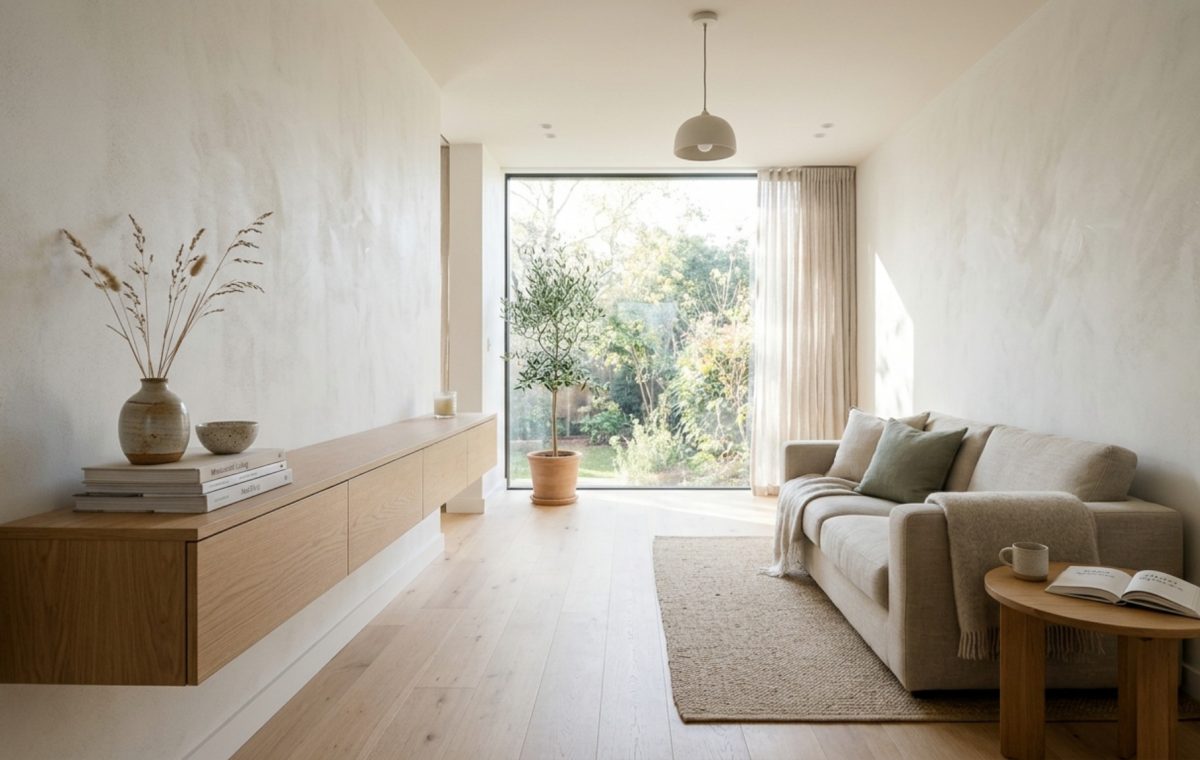 small rectangular living room layout featuring a wall-mounted white oak media console and minimalist decor against a Benjamin Moore Swiss Coffee wall.