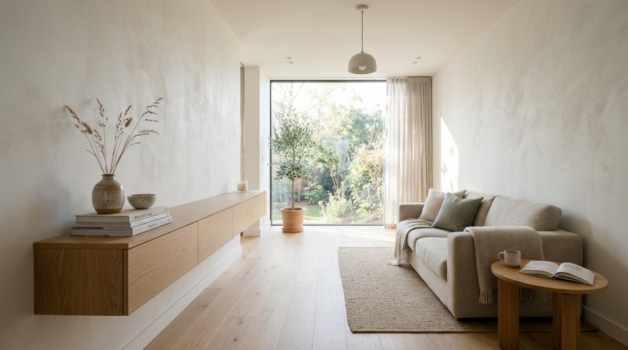 small rectangular living room layout featuring a wall-mounted white oak media console and minimalist decor against a Benjamin Moore Swiss Coffee wall. small rectangular living room layout featuring a wall-mounted white oak media console and minimalist decor against a Benjamin Moore Swiss Coffee wall.
