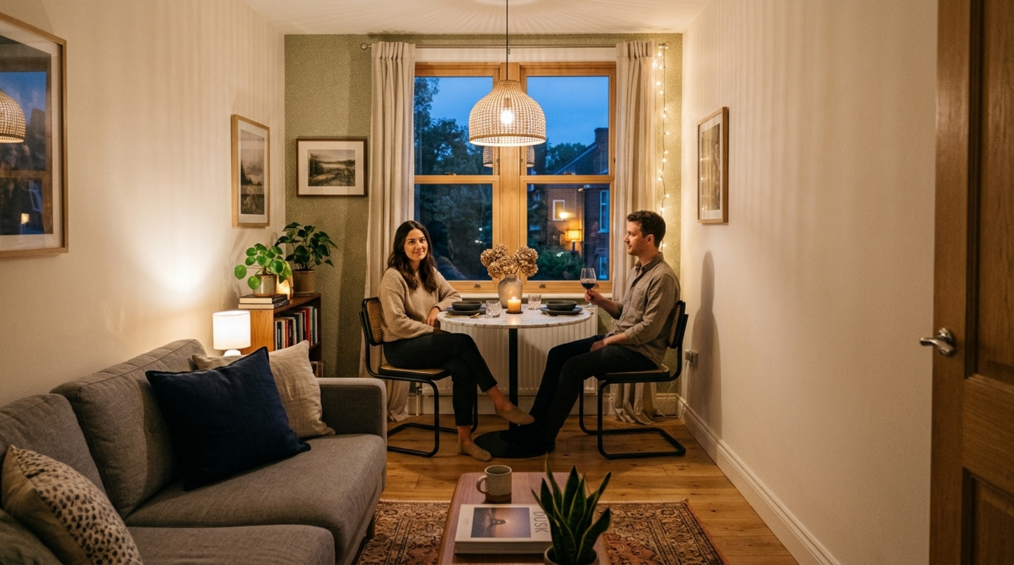 small rectangular living room layout with a dedicated dining nook at one end of the long space defined by a pendant light. small rectangular living room layout with a dedicated dining nook at one end of the long space defined by a pendant light.