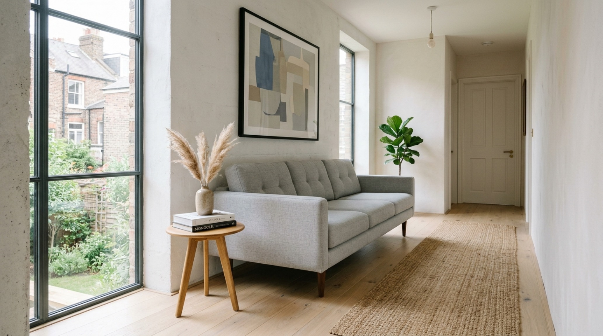floating furniture in a narrow space including a mid-century sofa with tapered legs to maximize visible floor area and light flow. floating furniture in a narrow space including a mid-century sofa with tapered legs to maximize visible floor area and light flow.