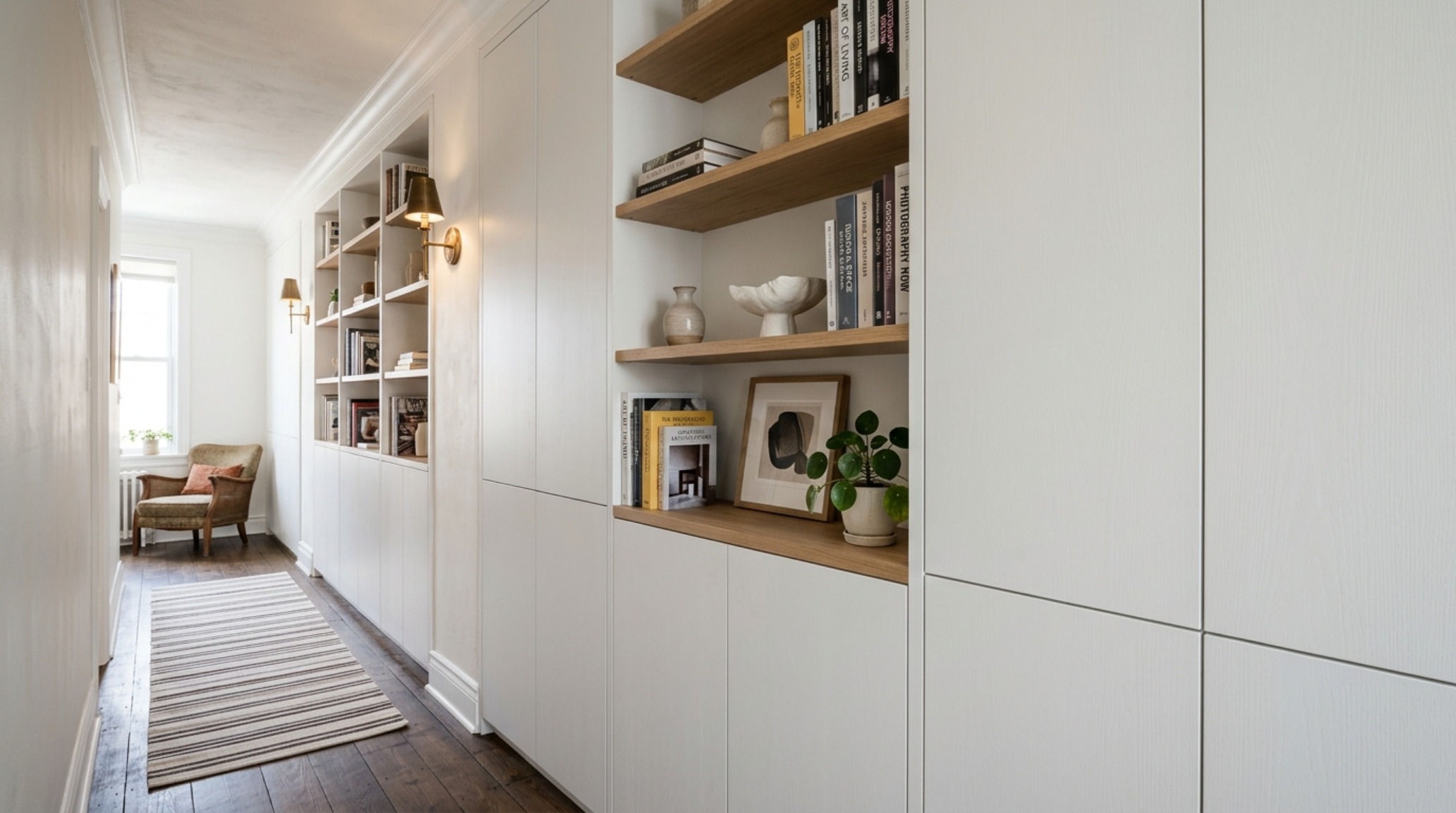narrow living room storage solutions showing custom floor-to-ceiling recessed shelving painted in Farrow & Ball School House White. narrow living room storage solutions showing custom floor-to-ceiling recessed shelving painted in Farrow & Ball School House White.