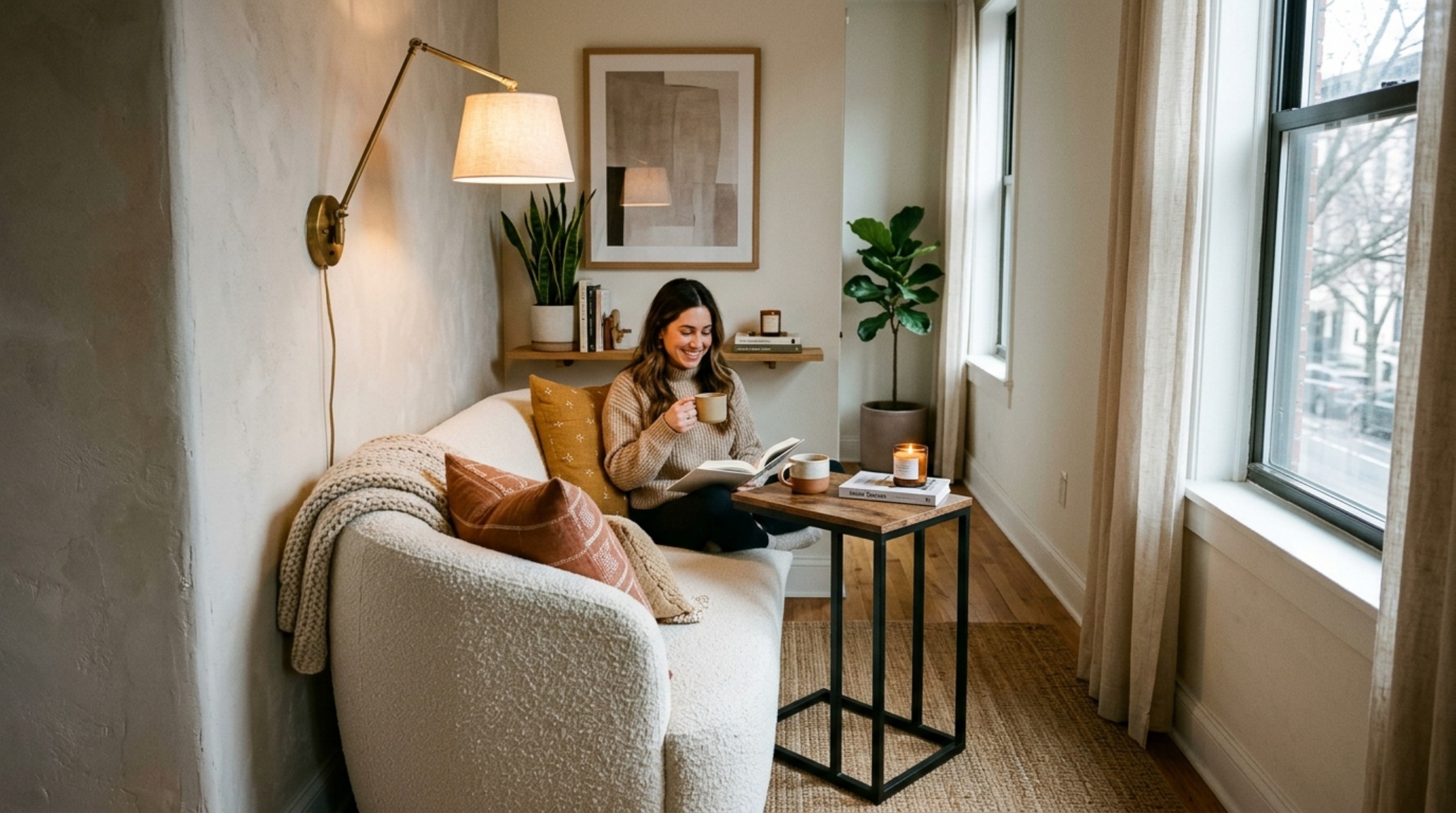best furniture for narrow rooms showing a petite bouclé sofa paired with a C-shaped side table for ergonomic efficiency. best furniture for narrow rooms showing a petite bouclé sofa paired with a C-shaped side table for ergonomic efficiency.