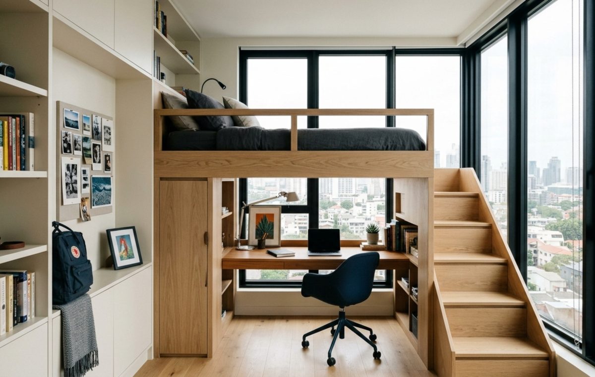 small bedroom ideas teenagers featuring a space-saving custom loft bed with integrated desk and warm oak finishes under natural window light