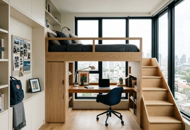 small bedroom ideas teenagers featuring a space-saving custom loft bed with integrated desk and warm oak finishes under natural window light