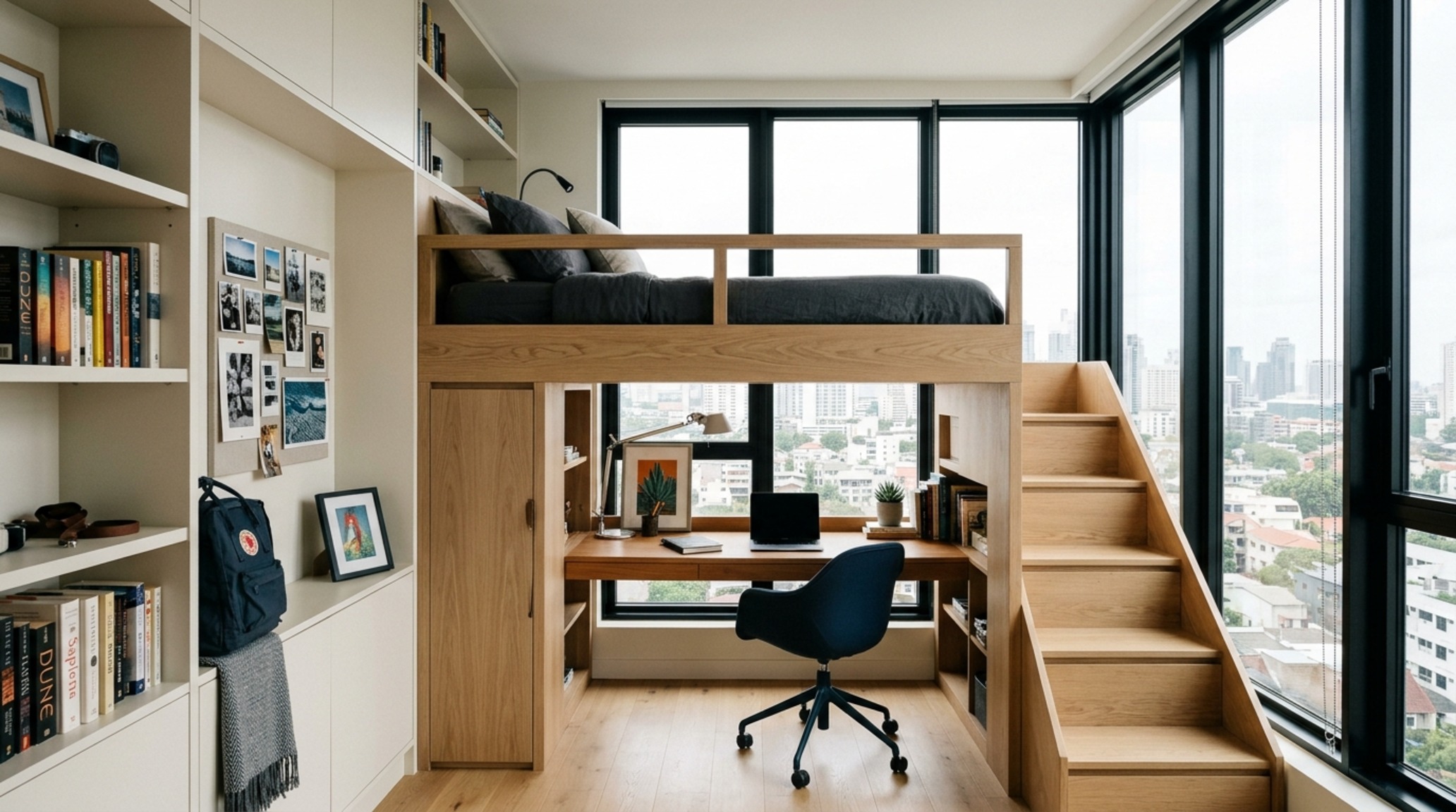 small bedroom ideas teenagers featuring a space-saving custom loft bed with integrated desk and warm oak finishes under natural window light small bedroom ideas teenagers featuring a space-saving custom loft bed with integrated desk and warm oak finishes under natural window light