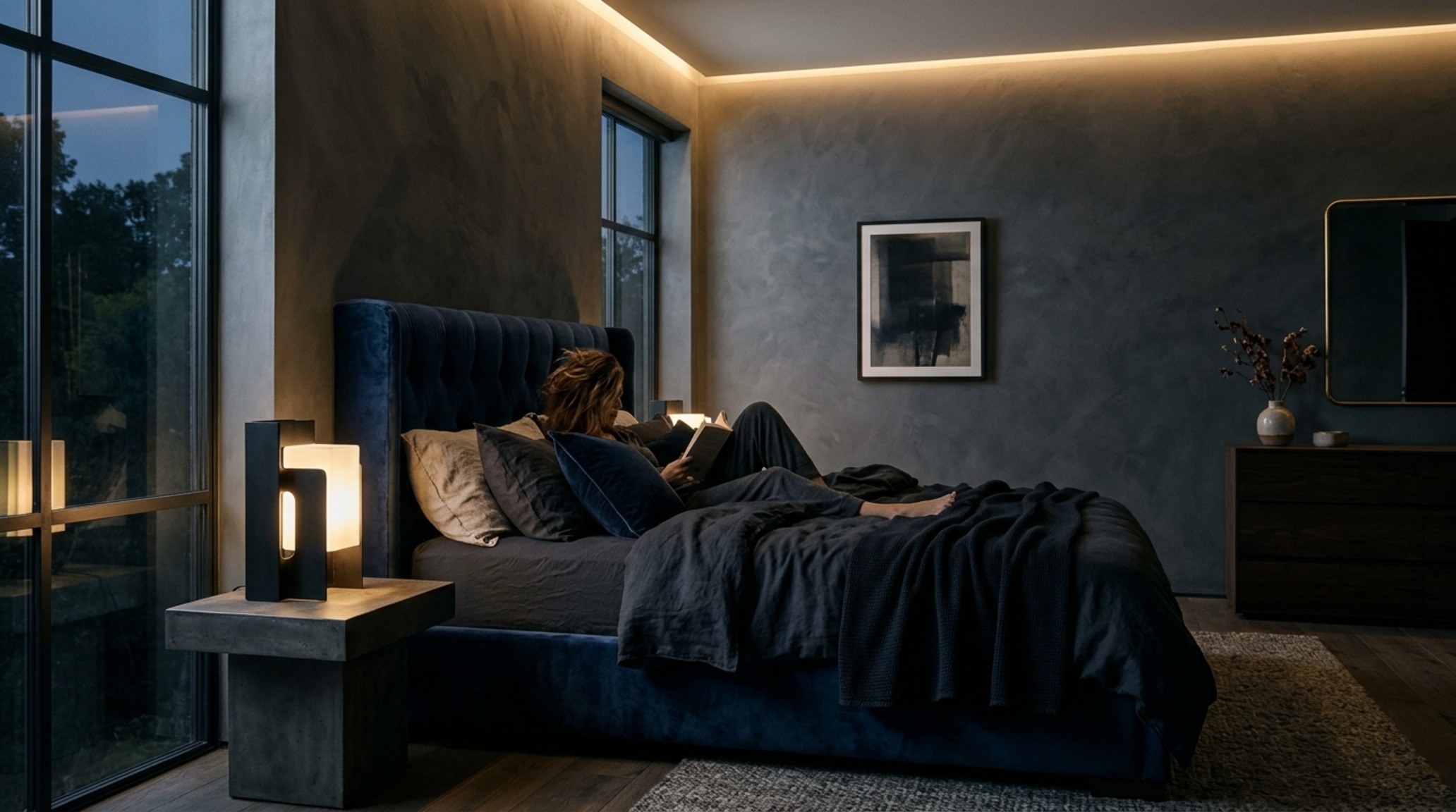 aesthetic bedroom ideas for teens showcasing a moody charcoal lime-wash wall with hidden LED channel lighting and a velvet upholstered headboard aesthetic bedroom ideas for teens showcasing a moody charcoal lime-wash wall with hidden LED channel lighting and a velvet upholstered headboard