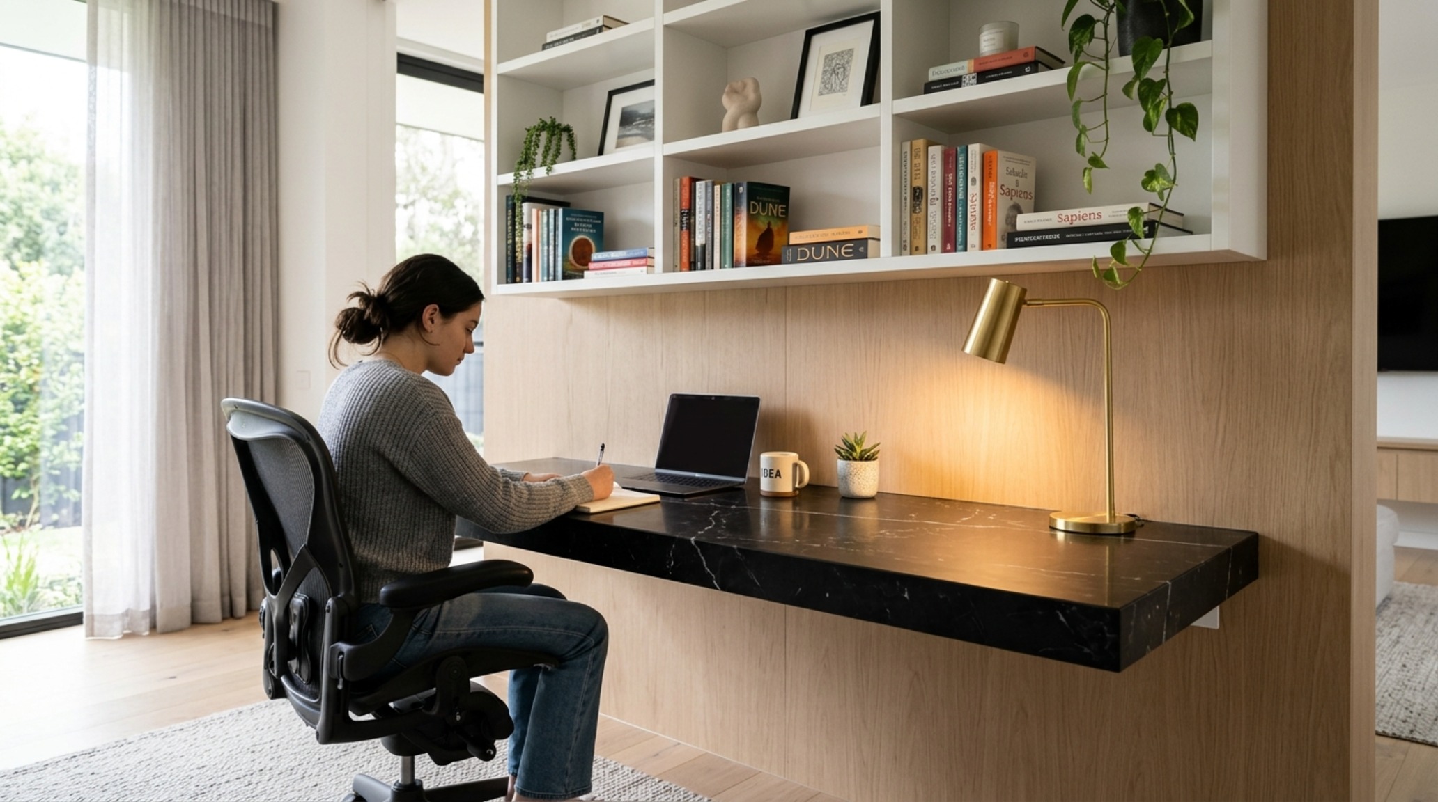 teen study space organization with a sleek floating black desk, ergonomic task chair, and minimal pegboard storage system in an architectural alcove teen study space organization with a sleek floating black desk, ergonomic task chair, and minimal pegboard storage system in an architectural alcove