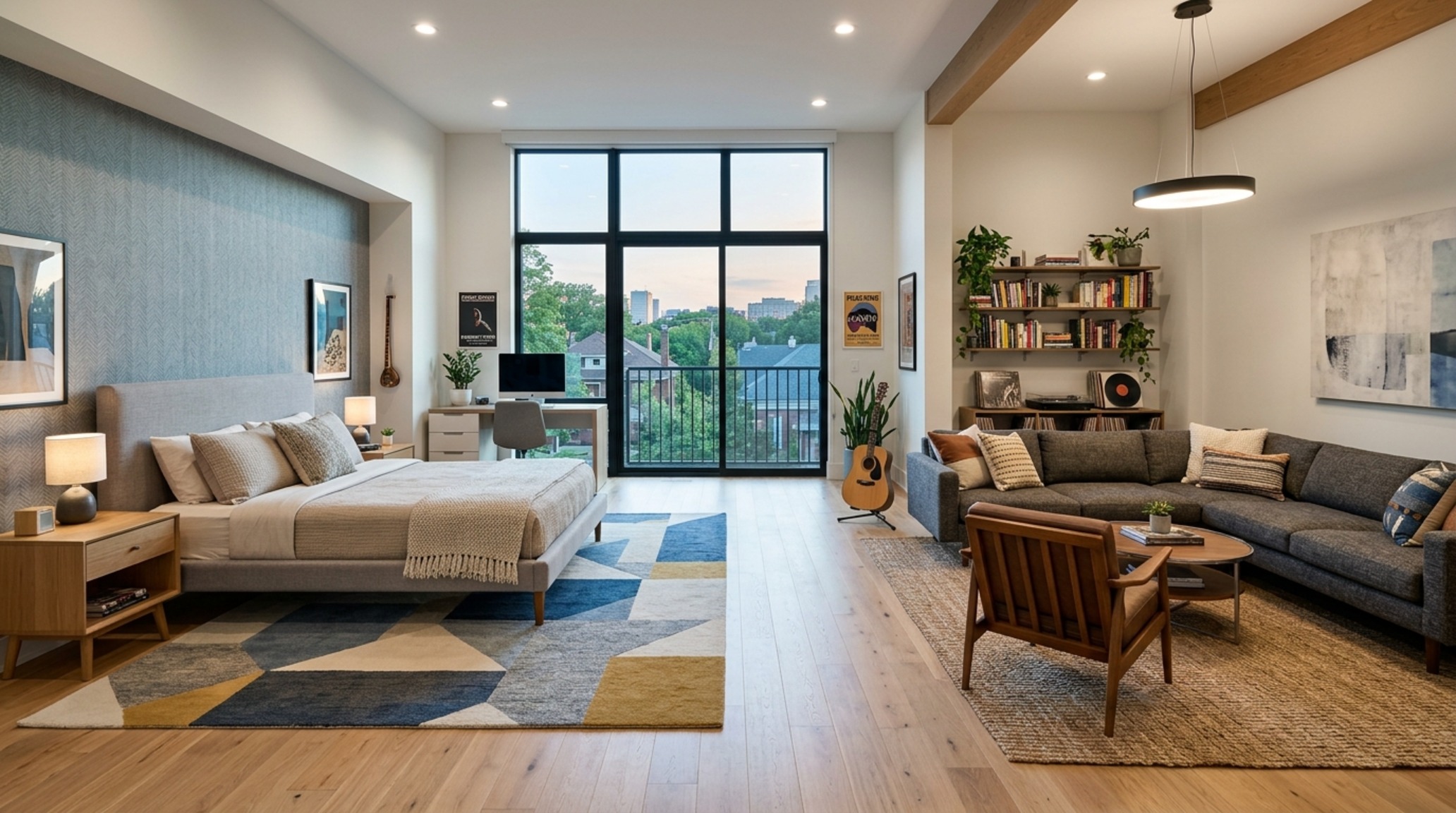 teenage bedroom layout planning visible in a wide-angle shot showing the clear 36-inch circulation paths between the sleeping and social zones teenage bedroom layout planning visible in a wide-angle shot showing the clear 36-inch circulation paths between the sleeping and social zones