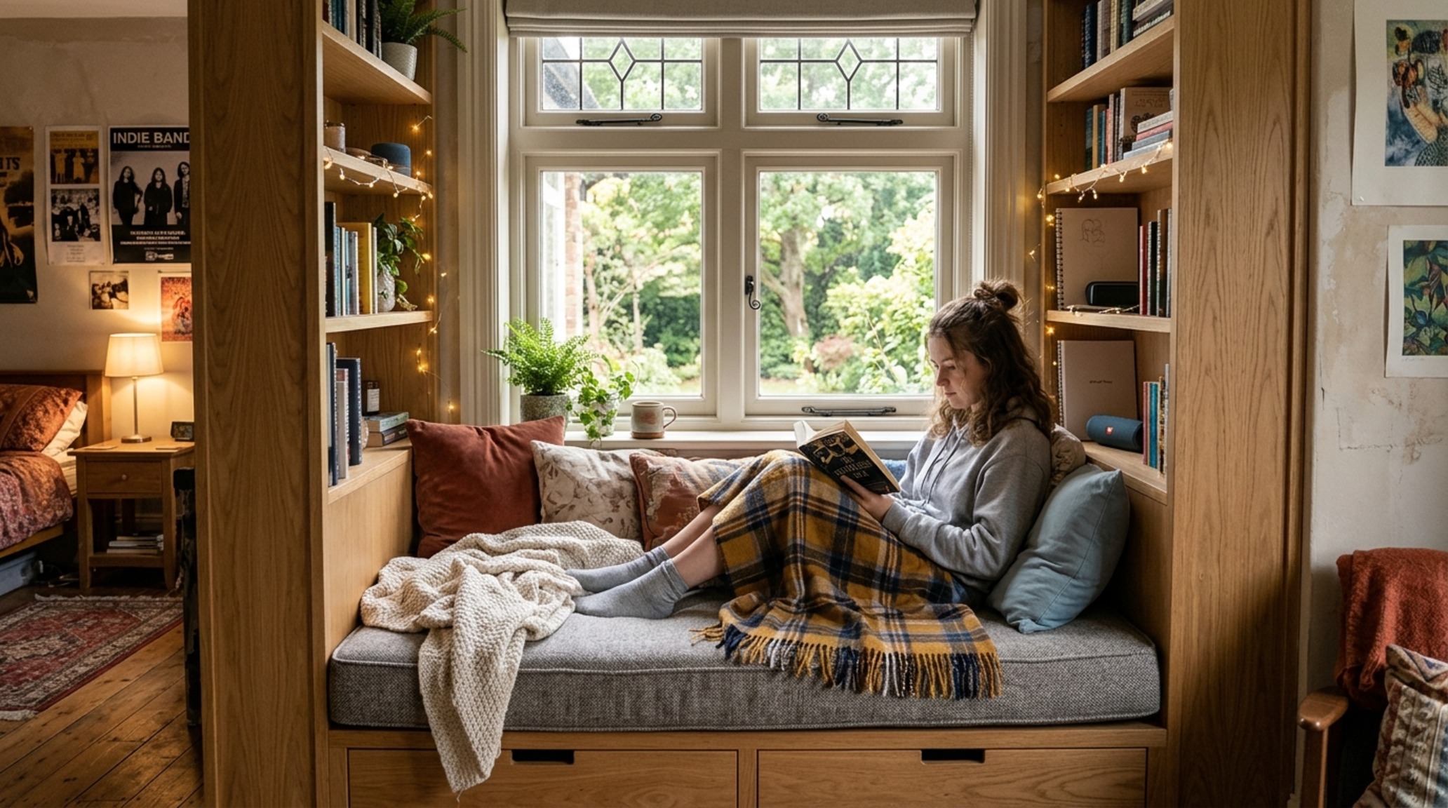 modern teenage bedroom furniture detail of a custom-built window nook with soft grey textiles and integrated bookshelf storage modern teenage bedroom furniture detail of a custom-built window nook with soft grey textiles and integrated bookshelf storage