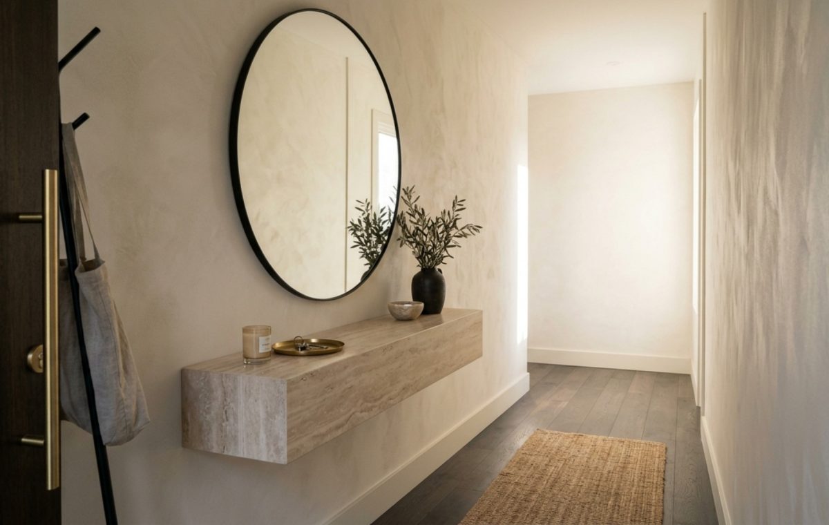 Modern narrow entryway ideas layout featuring a minimalist floating marble console and a tall circular mirror against limewash walls.