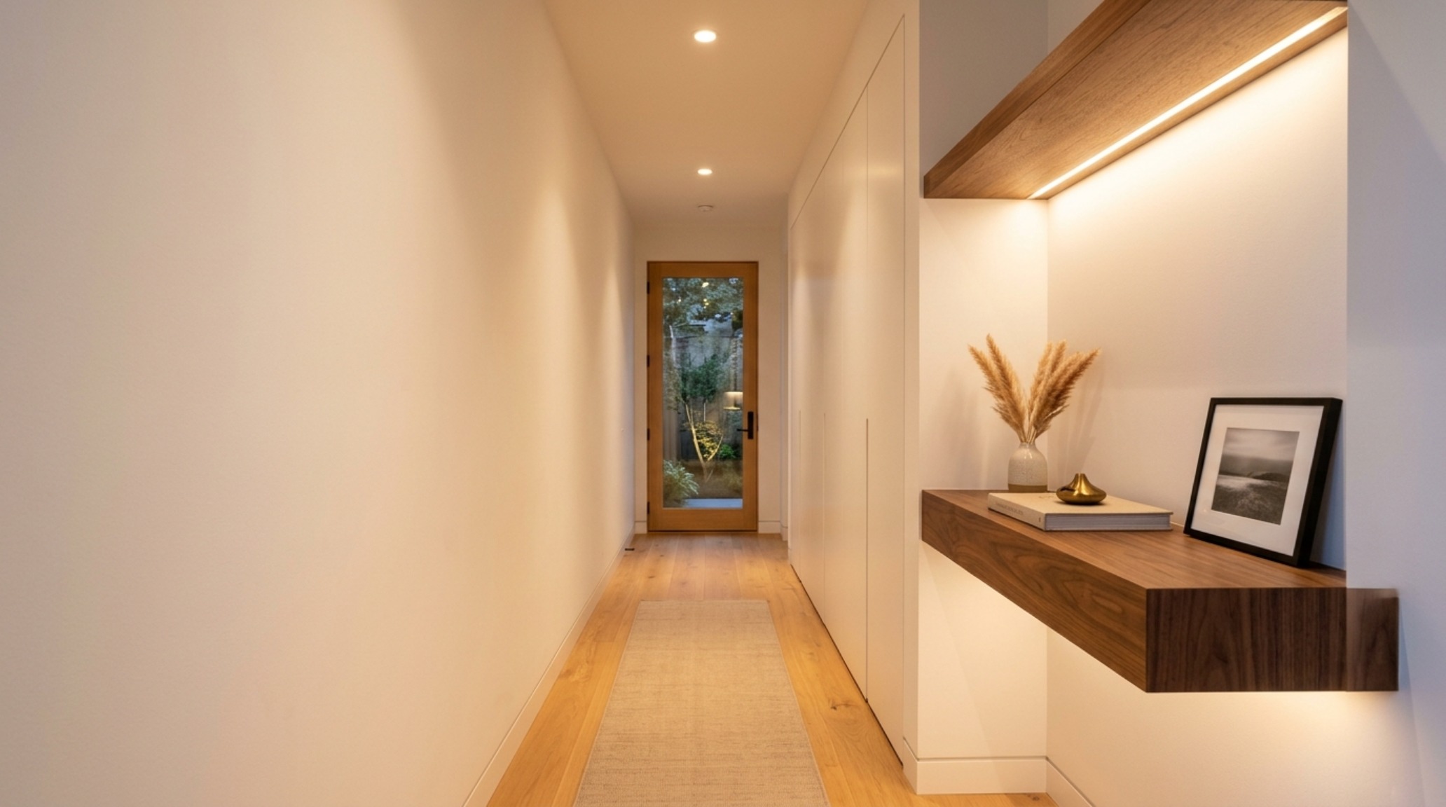 Narrow entryway ideas layout with a wall-mounted walnut ledge and a single ceramic vessel highlighting the 'sightline alignment'.