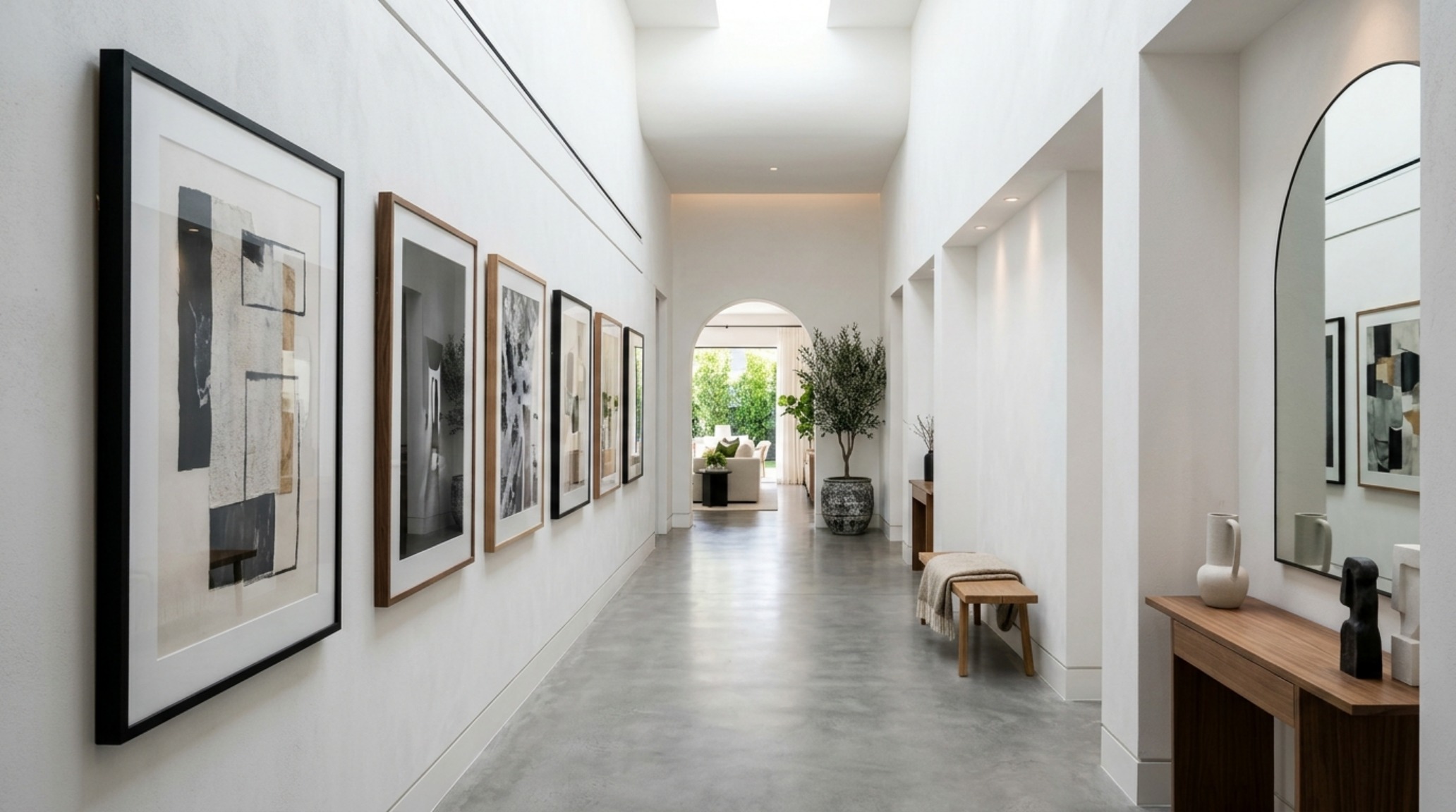 Architectural view of a narrow foyer with crown molding and ceiling details that emphasize verticality and height.