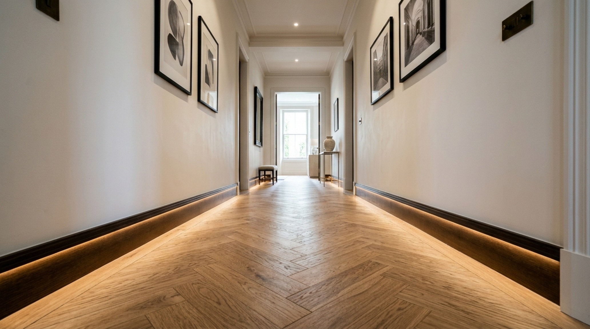 Architectural detail of a narrow hallway with white oak herringbone floors and integrated warm LED cove lighting.