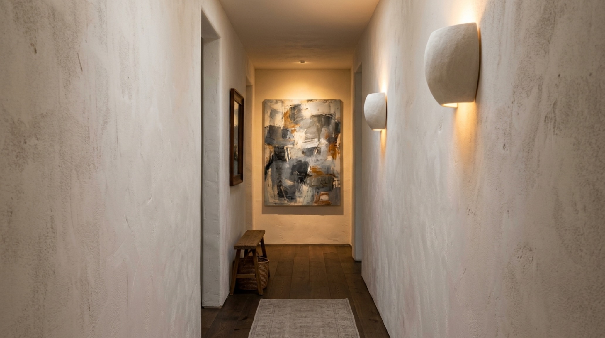 Luxury narrow entryway ideas lighting guide showing tiered 2700K sconces creating soft shadow play on textured plaster walls.