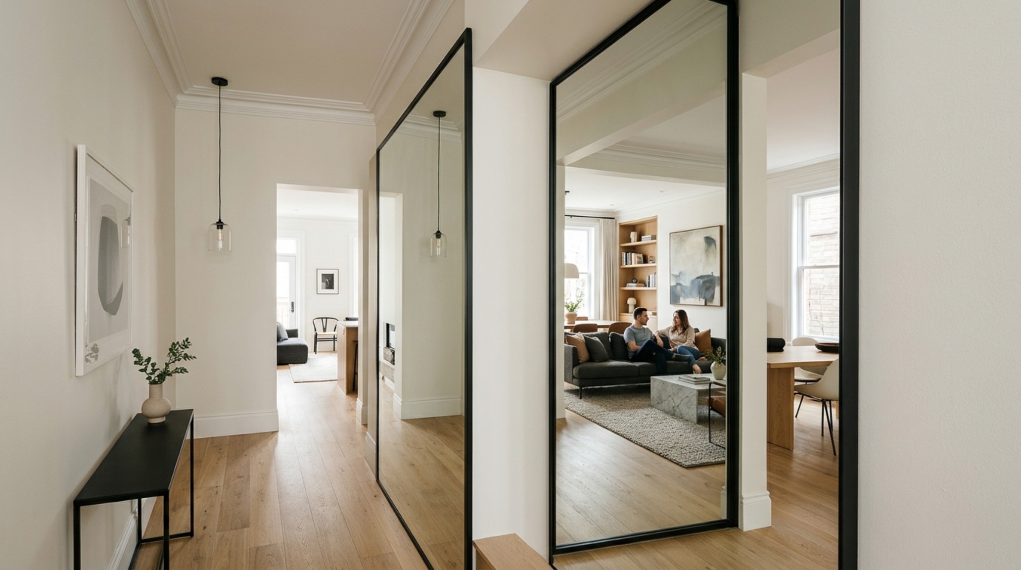 Narrow entryway ideas architecture showcasing a floor-to-ceiling blackened steel framed mirror to expand visual spatial volume.