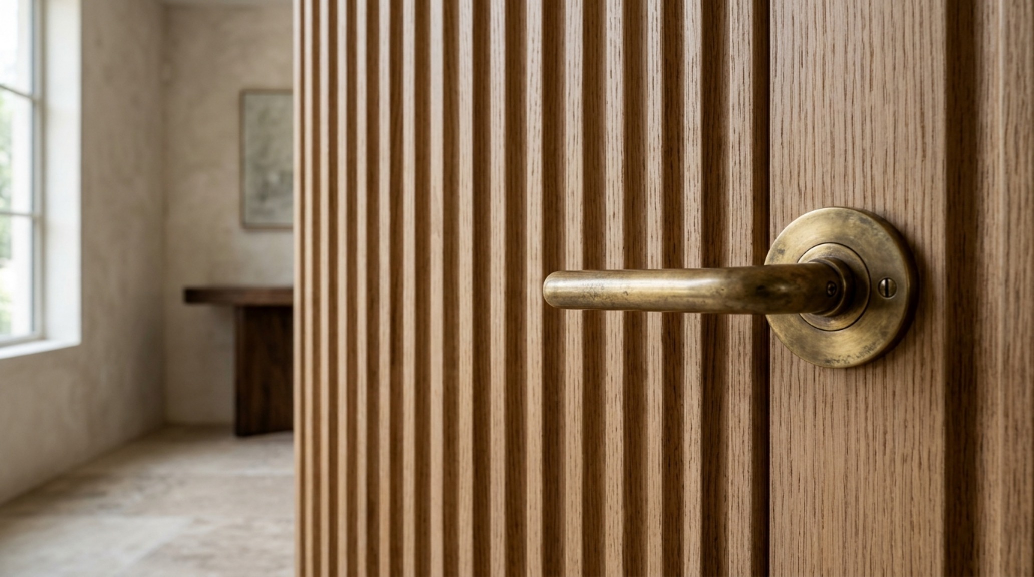 Close-up of tactile materials in a designer foyer including unlacquered brass hardware and fluted wood cabinetry.
