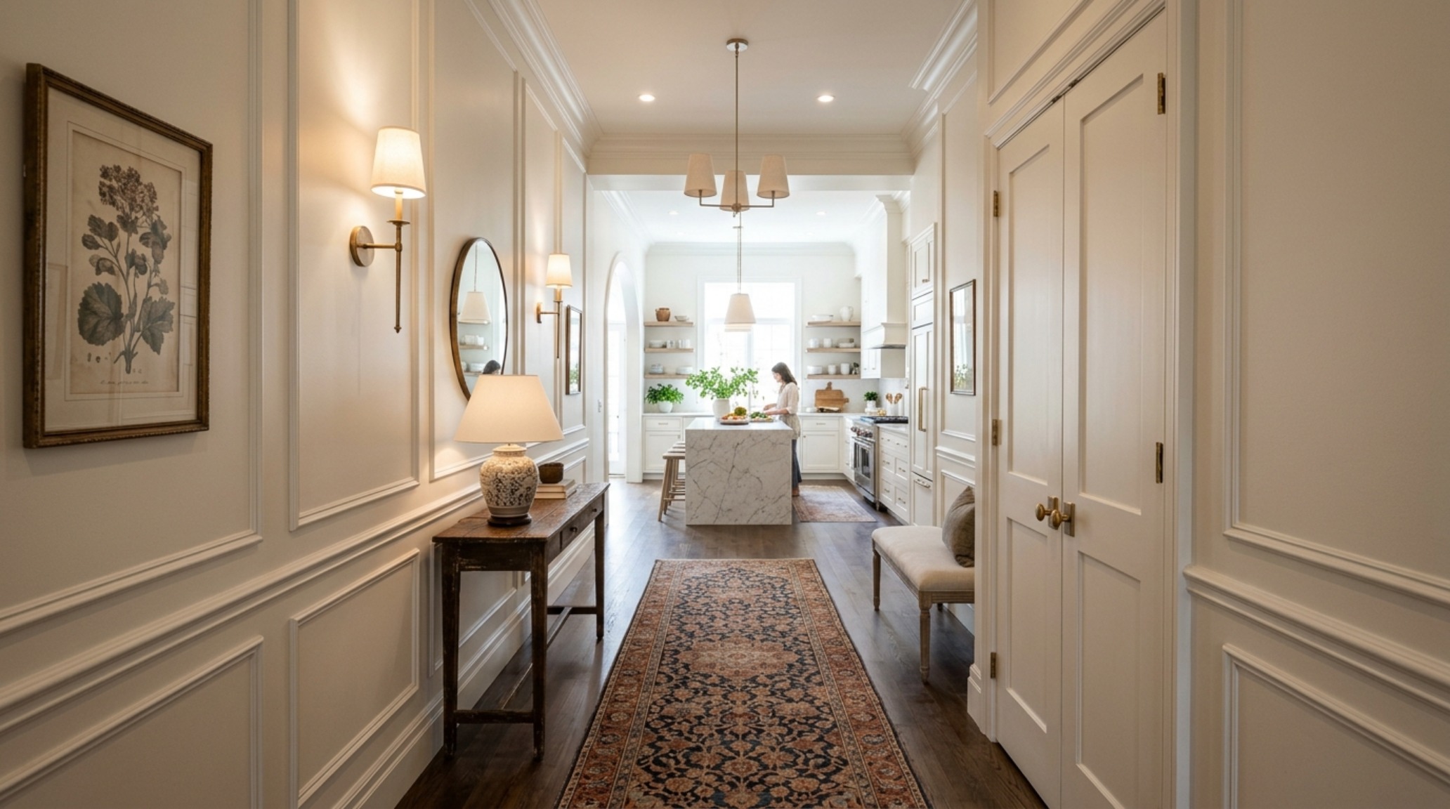 Symmetry in a narrow entryway featuring a single large-scale abstract painting and a vintage runner rug for tactile grounding.