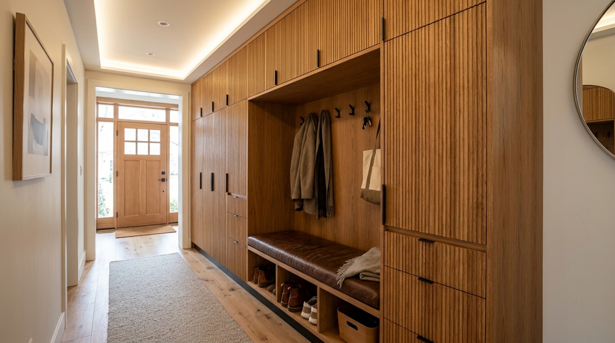Small space narrow entryway ideas showing a bespoke built-in 'drop zone' with integrated seating and hidden storage.