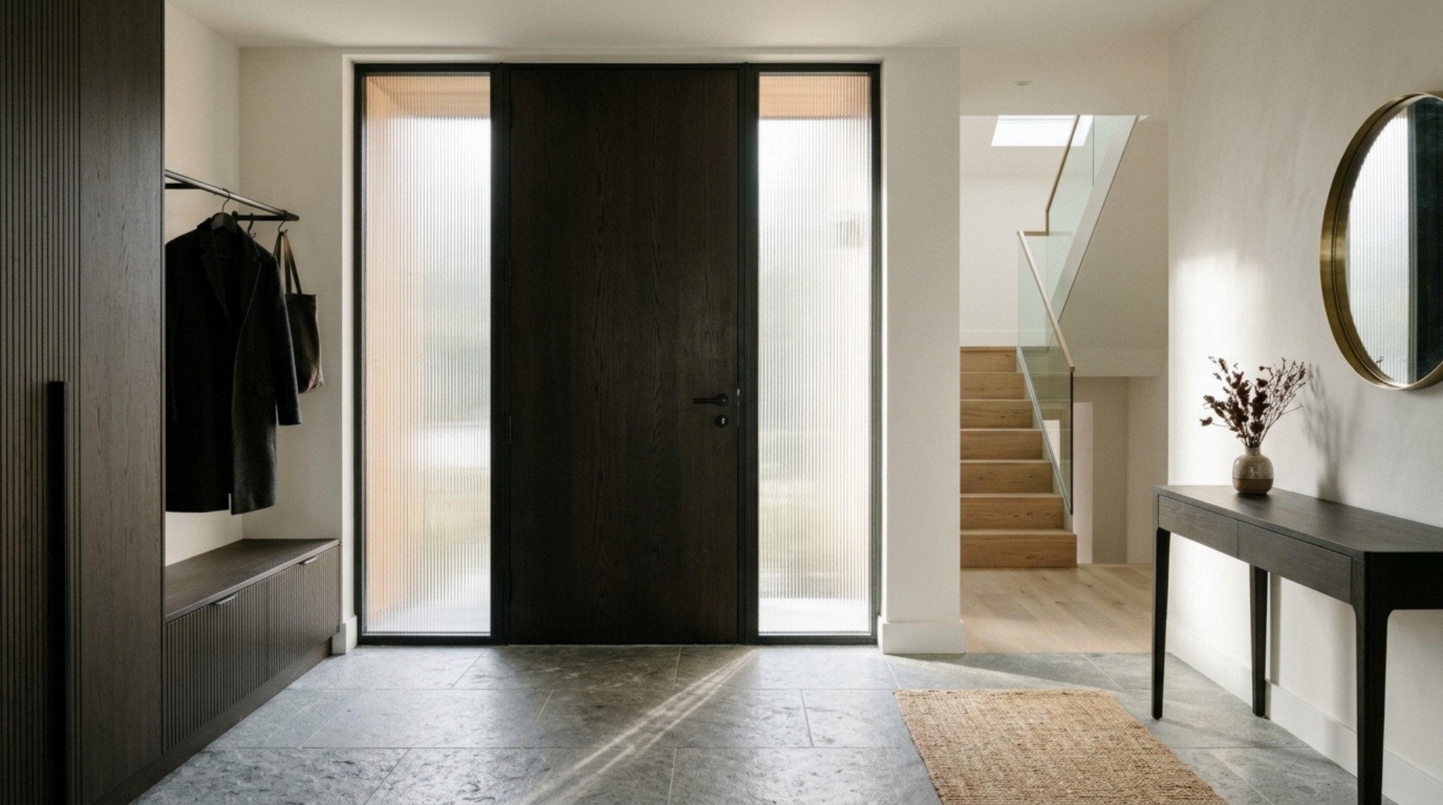 Luxury foyer entry featuring honed travertine flooring and a minimalist steel-frame front door with reeded glass sidelights.