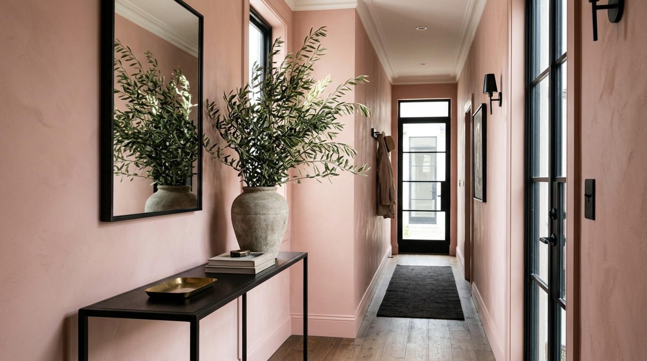 Designer foyer with a high-contrast color palette using Farrow & Ball Dead Salmon and charcoal accents for architectural depth.