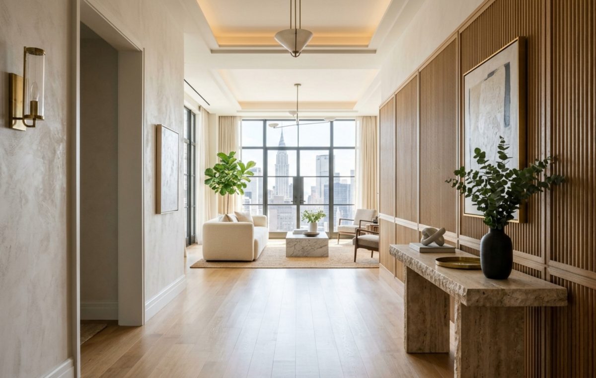 A sophisticated Manhattan entryway featuring a clear sightline into a sunlit living room with a travertine console and fluted oak walls.