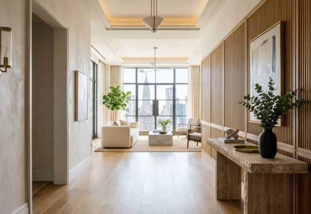A sophisticated Manhattan entryway featuring a clear sightline into a sunlit living room with a travertine console and fluted oak walls.