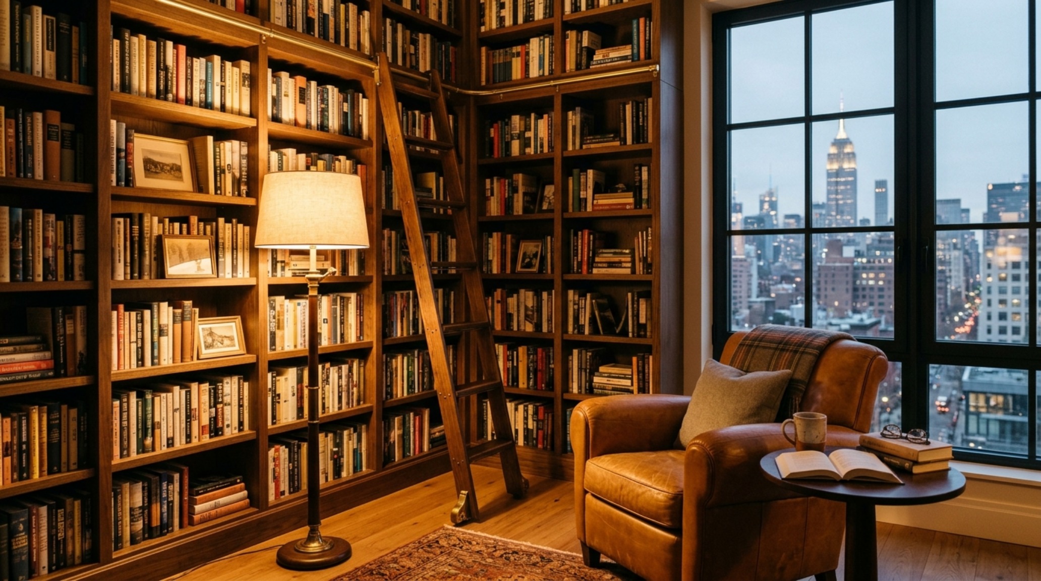 A cozy library corner with floor-to-ceiling built-in bookshelves and a reading chair positioned for optimal natural light flow.