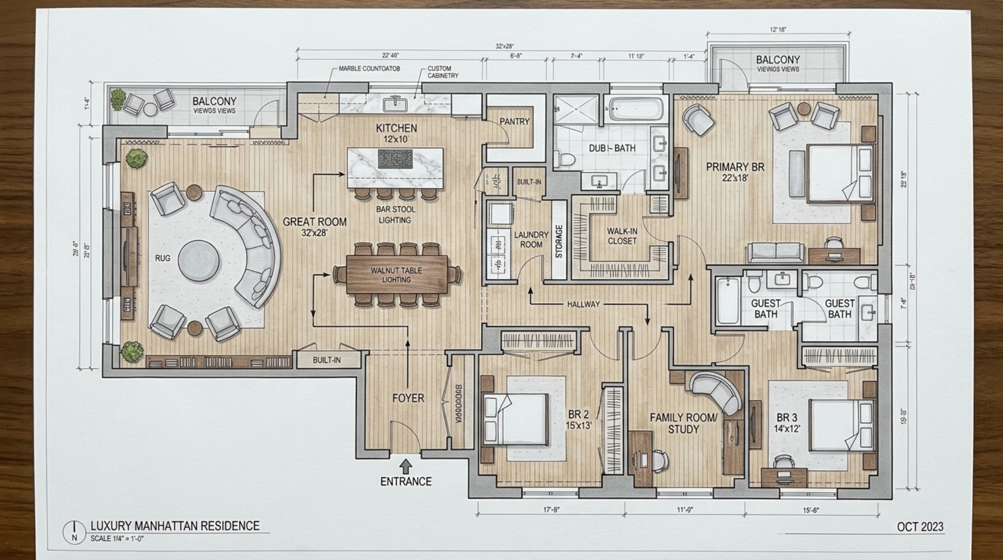 The overall spatial flow of a fancy manhattan family apartment tour decor ideas layout seen from a high-angle, highlighting the open-plan zones.