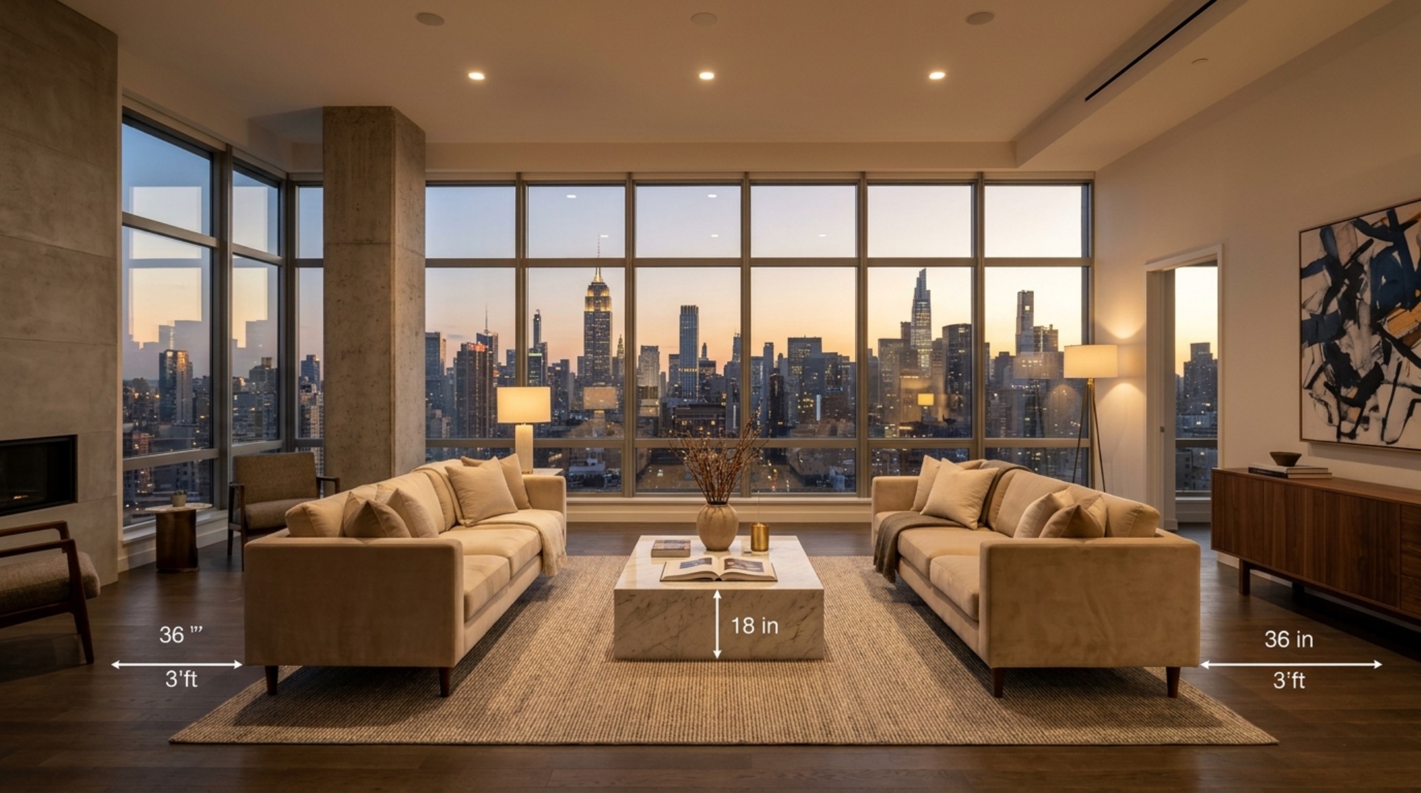 Living room layout showing a floating velvet sofa group with a 36-inch circulation path and a 18-inch reach to a marble coffee table.