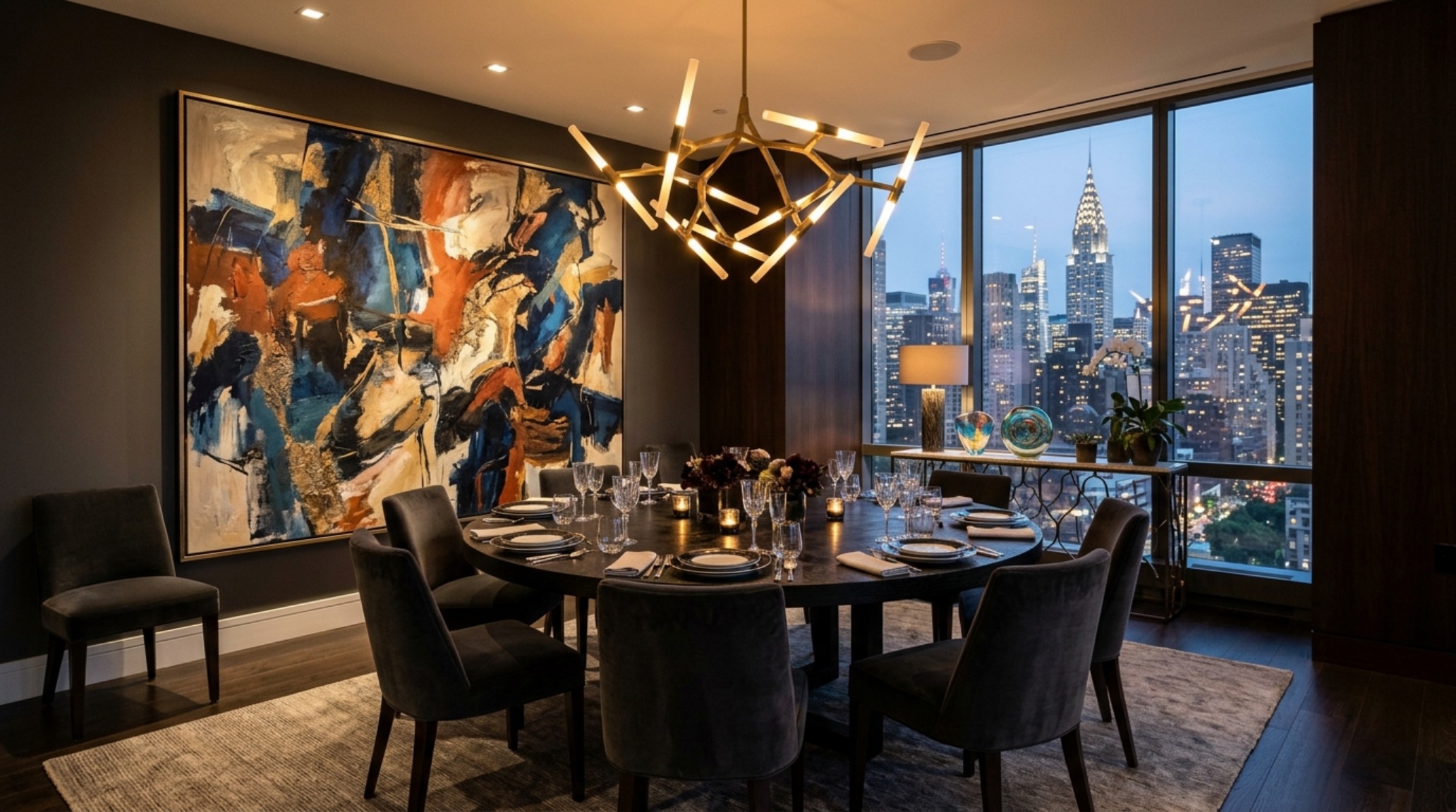 A formal dining area in a Manhattan apartment with 30-inch chair clearances and a sculptural pendant light over an ebonized oak table.