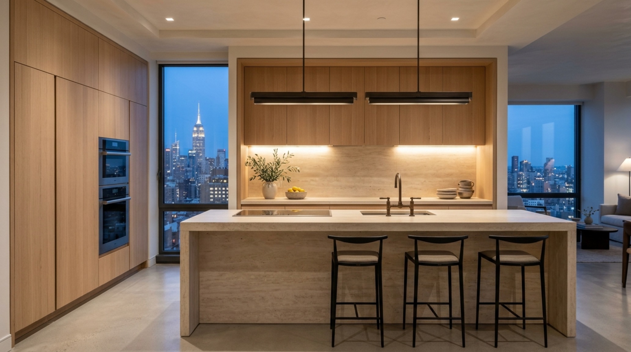 Modern kitchen design featuring integrated cabinetry, honed travertine countertops, and 3000K task lighting for ergonomic efficiency.