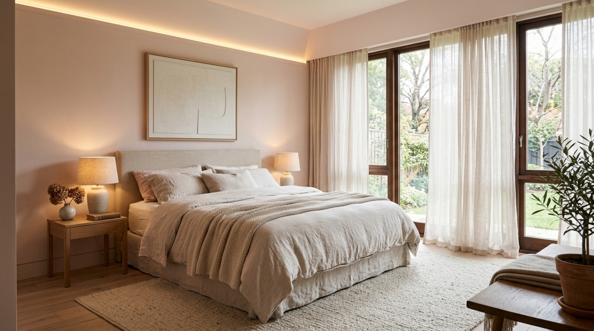 A master bedroom sanctuary with Farrow & Ball Setting Plaster walls and 2700K diffused ambient lighting for a calm atmosphere.