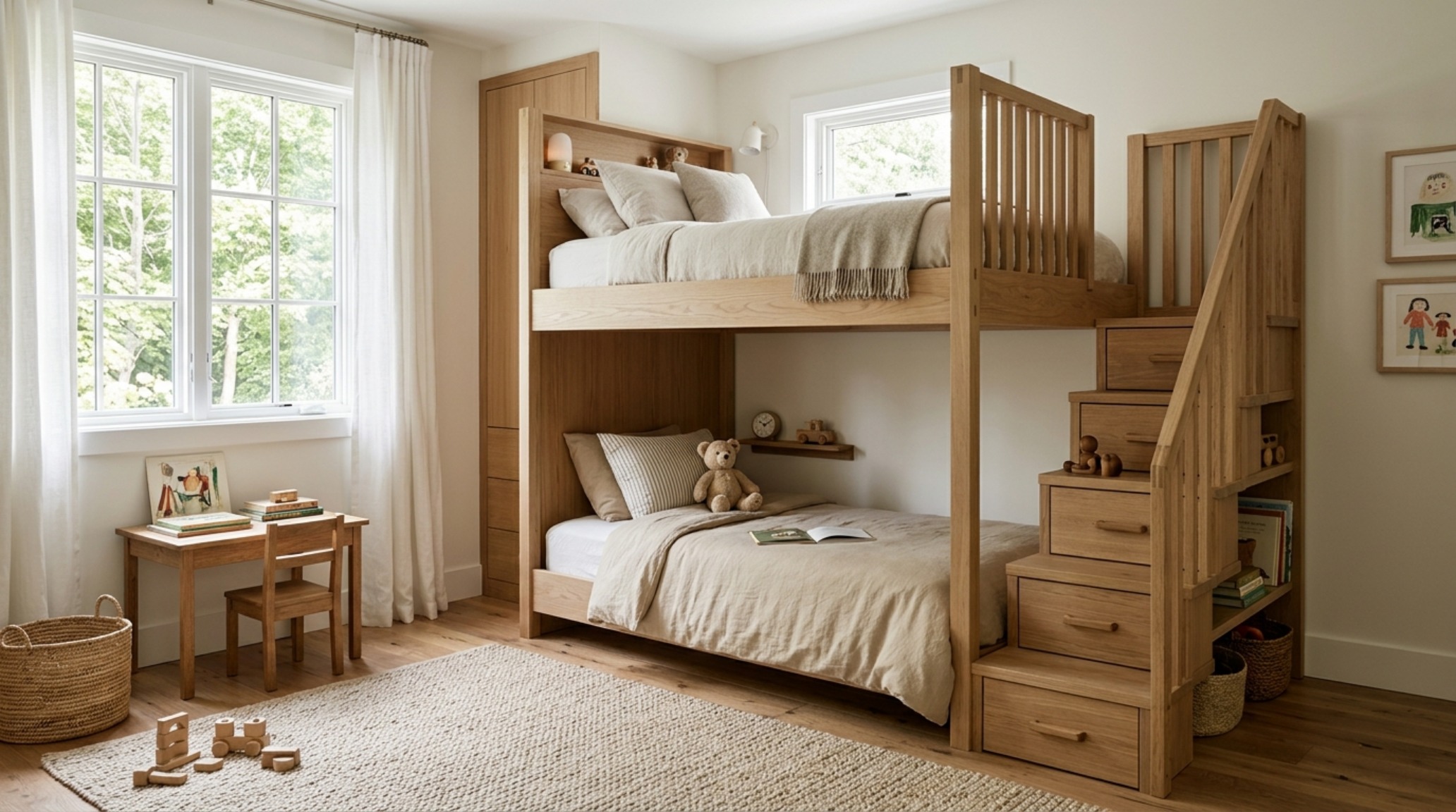 A custom-designed kids' room in a Manhattan family apartment with built-in bunk beds and high-quality wood finishes for durability.
