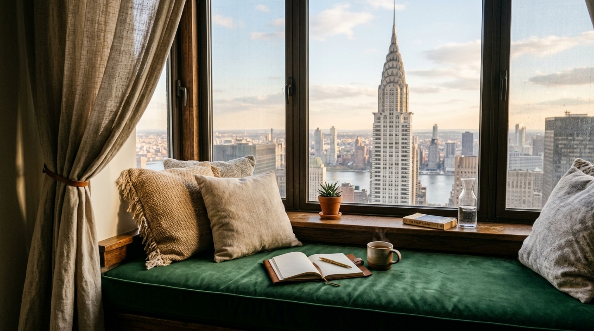 Architectural detail of a window nook in a fancy manhattan family apartment tour decor ideas scheme featuring Belgian linen curtains and city views.