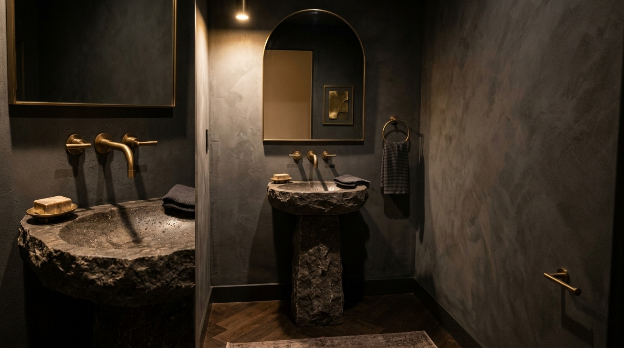 Elegant powder room design with dark lime-wash walls and a custom stone pedestal sink, emphasizing small space fancy manhattan family apartment tour decor ideas.