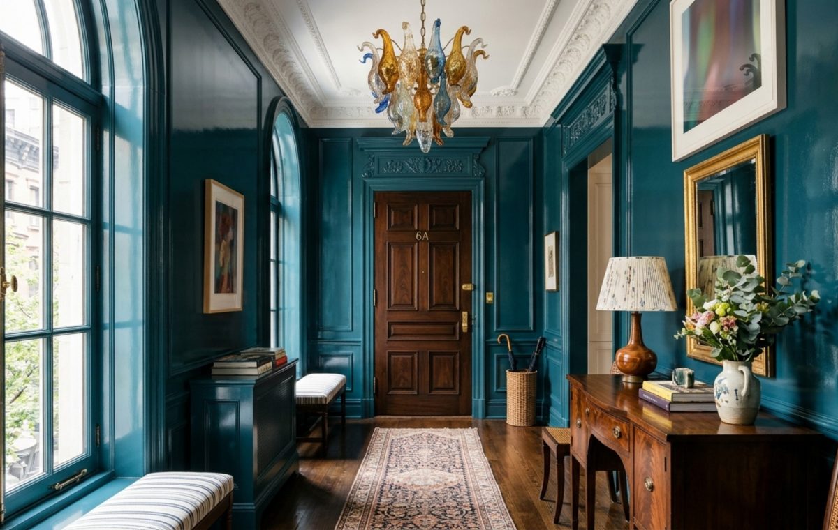 A grand New York apartment entryway featuring Fawn Galli New York apartment decor ideas with a 36-inch clear walkway, high ceilings, and a vintage Murano glass chandelier reflecting off lacquered walls.