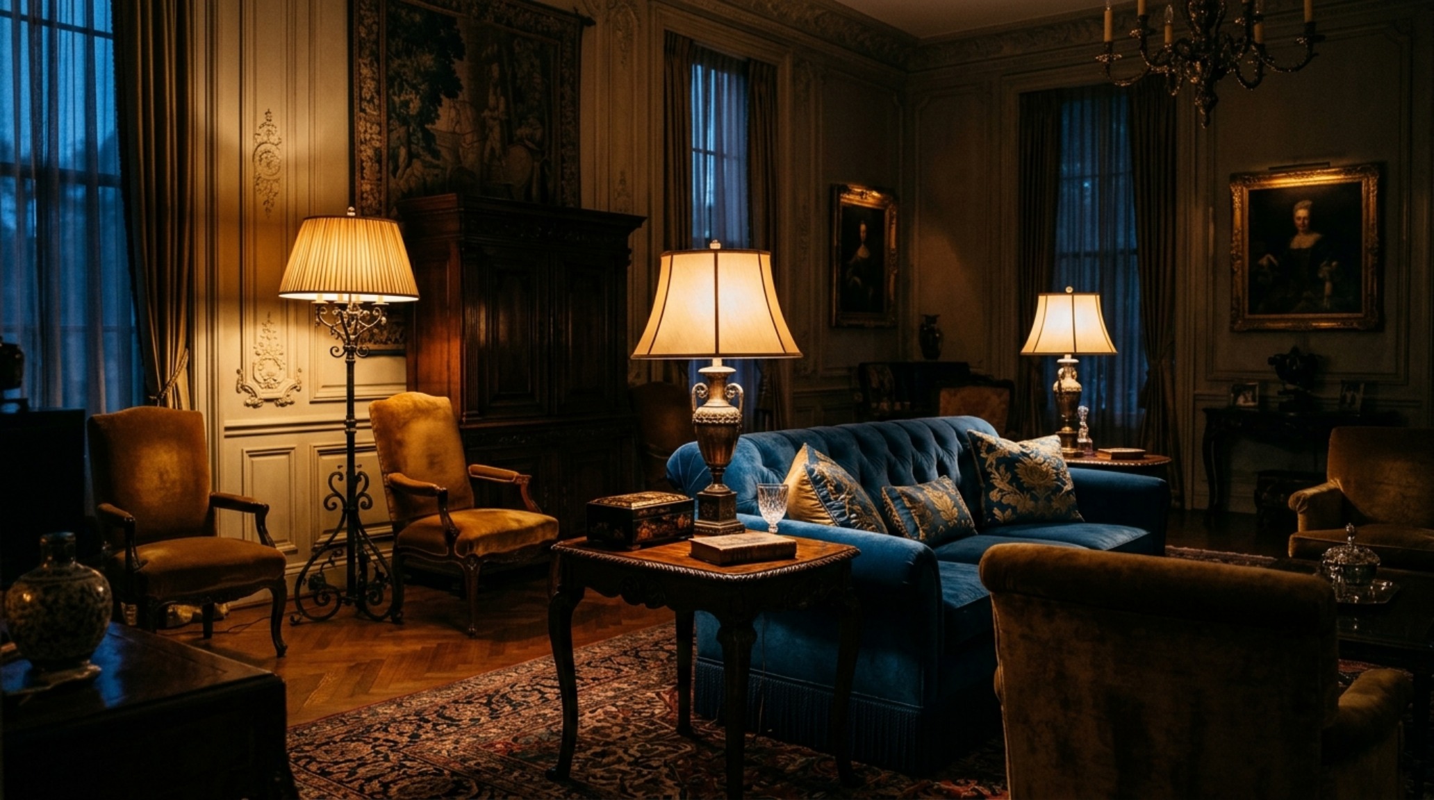 An evening view of a New York living room where 2700K warm ambient lighting creates deep shadows and highlights the rich color palette of Fawn Galli's signature style.