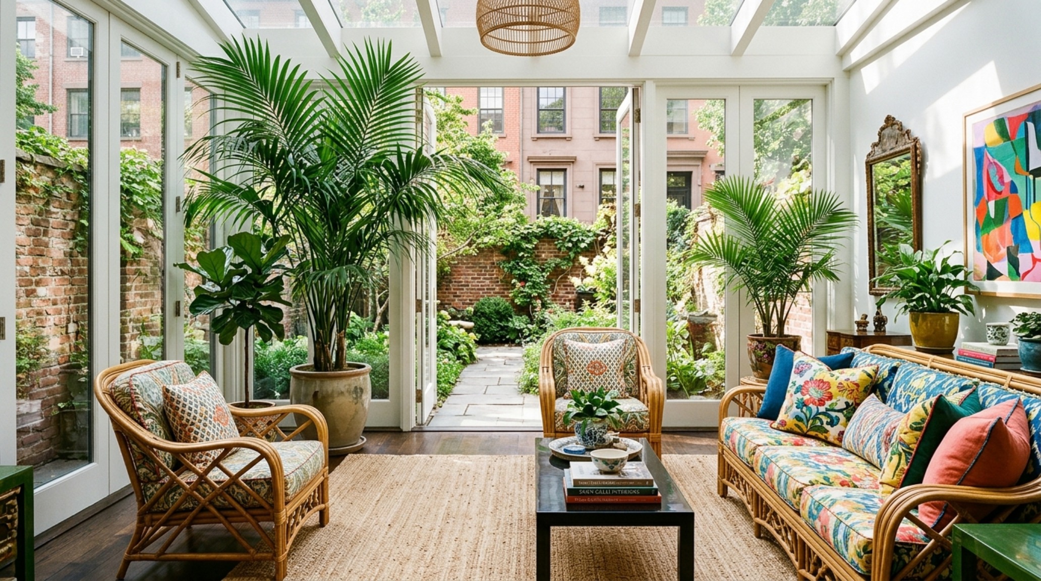 A bright, sun-drenched sunroom highlighting Fawn Galli's use of outdoor-indoor flow and sculptural plant life to ground the modern architectural elements.
