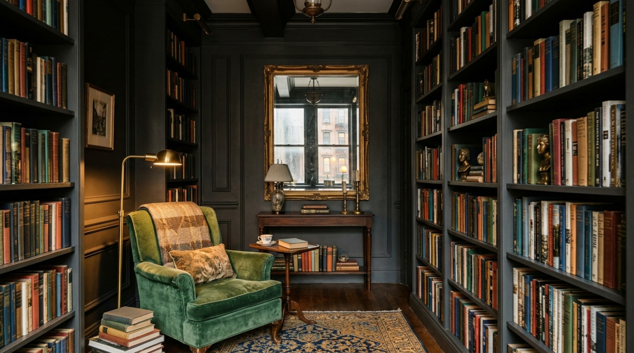 Small space decor ideas for a New York apartment inspired by Fawn Galli, showcasing a jewel-box library with dark navy walls, mirrored accents, and light-weight mid-century furniture.