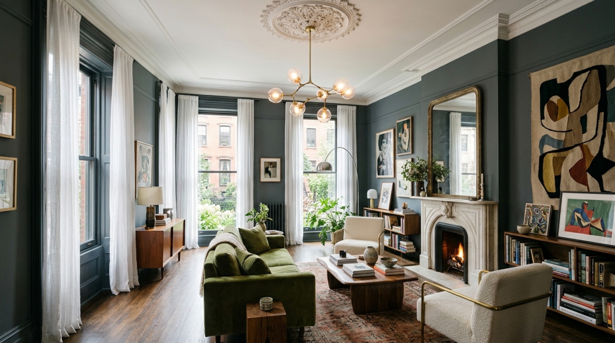 Architectural view of a Brooklyn townhouse parlor floor by Fawn Galli, emphasizing the original plaster moldings and the modern contrast of an abstract large-scale artwork.