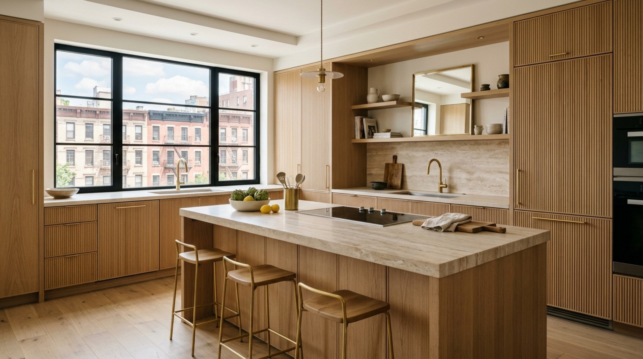 Kitchen ergonomics and layout in a Fawn Galli New York apartment, featuring honed travertine countertops and integrated storage solutions that maintain a clean architectural line.