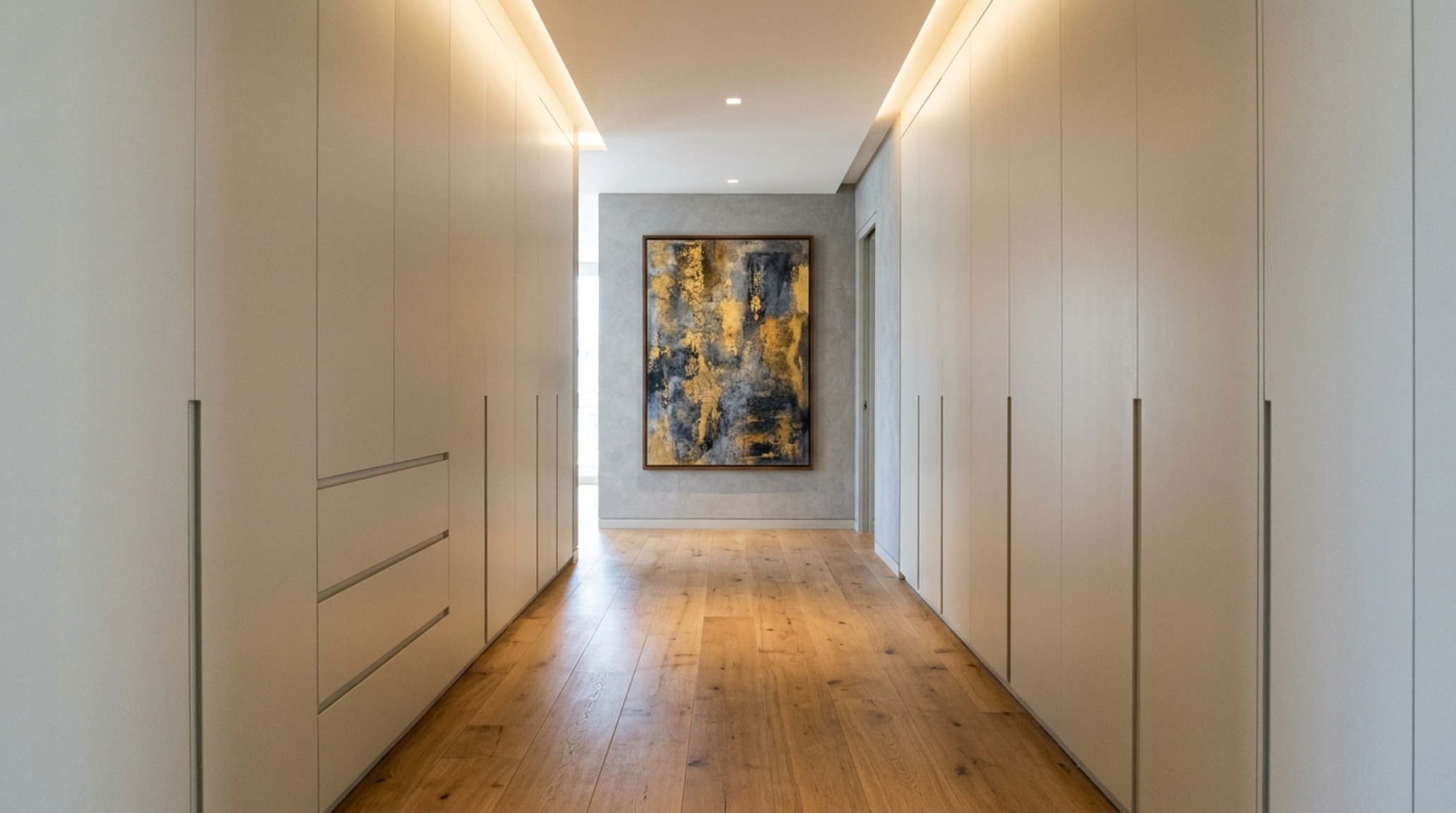 A transitional hallway space using Fawn Galli New York apartment decor ideas architecture, with built-in cabinetry finished in Benjamin Moore Swiss Coffee for a seamless look.